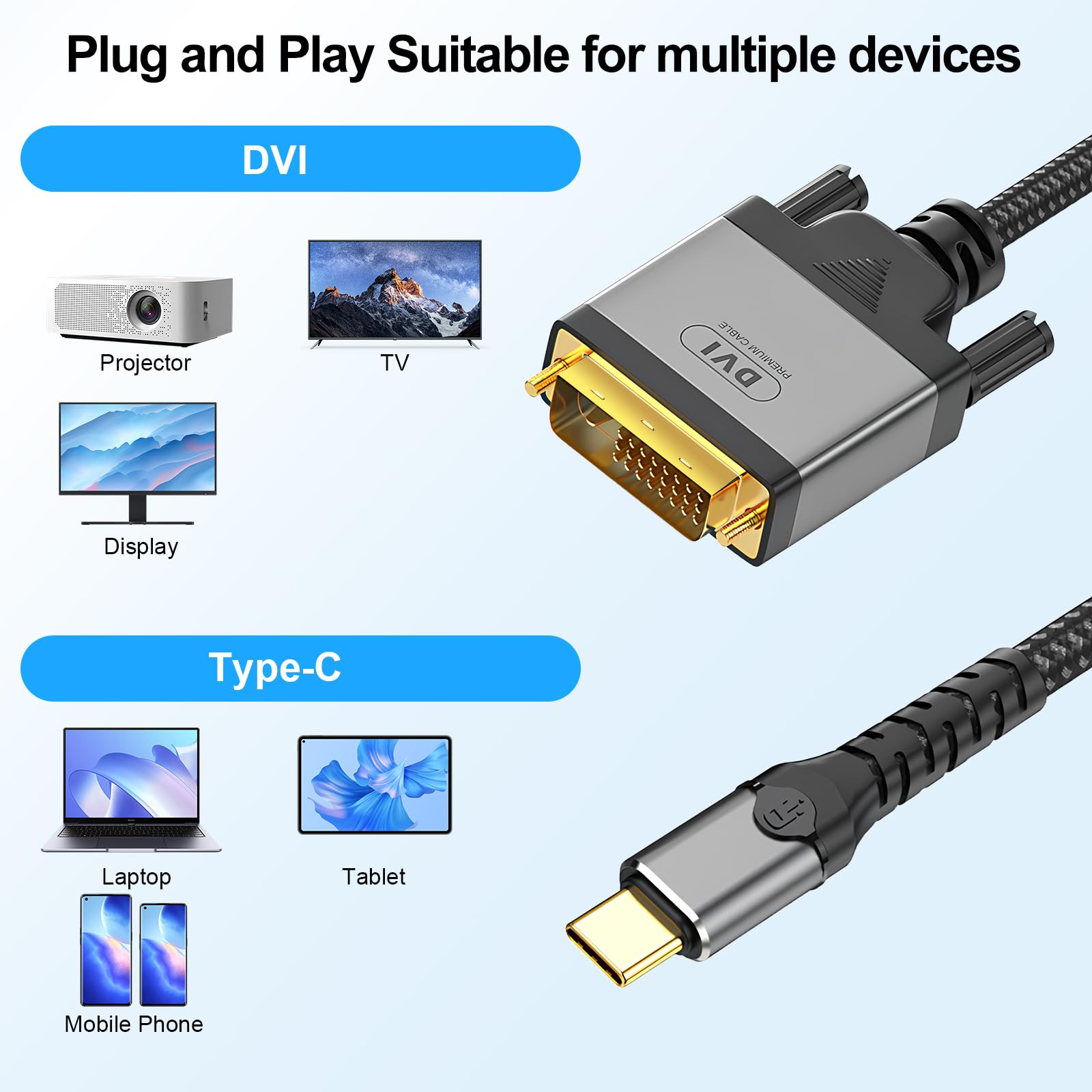 Kabel USB C na DVI 2 m, 4K 30 Hz USB typ C [Thunderbolt 3] do DVI-D 24+1, podwójnie pleciona linka nylonowa, pozłacana wtyczka, kompatybilny z MacBook Pro, Samsung, Surface Book, Dell
