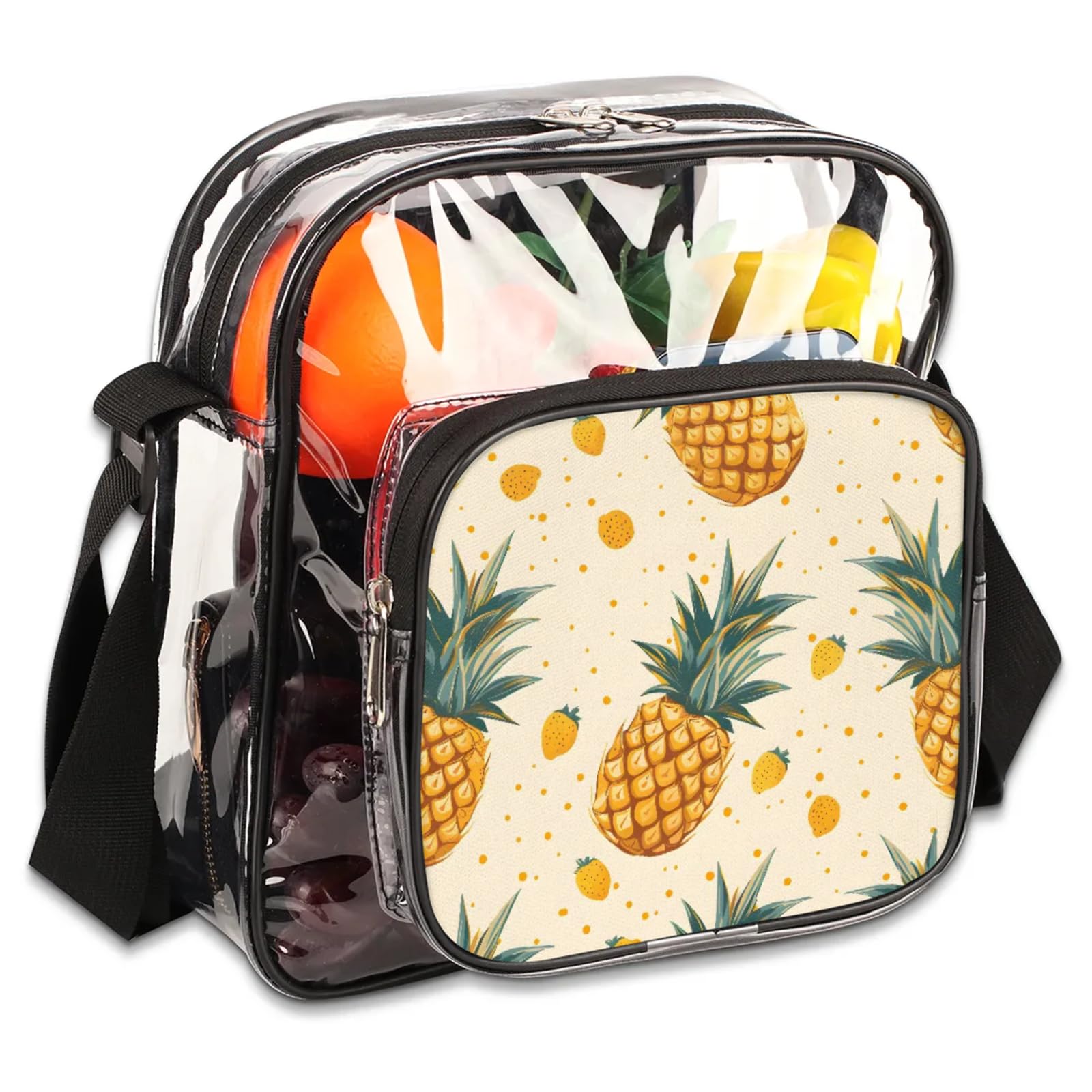 Clear Crossbody Bag Stadium Approved Fruit Pineapple Transparent Bag for Festivals, Sports Events, Concerts,Beach Bag for Women Men Clear Purse with Front Pocket Messenger Bag with Adjustable Strap