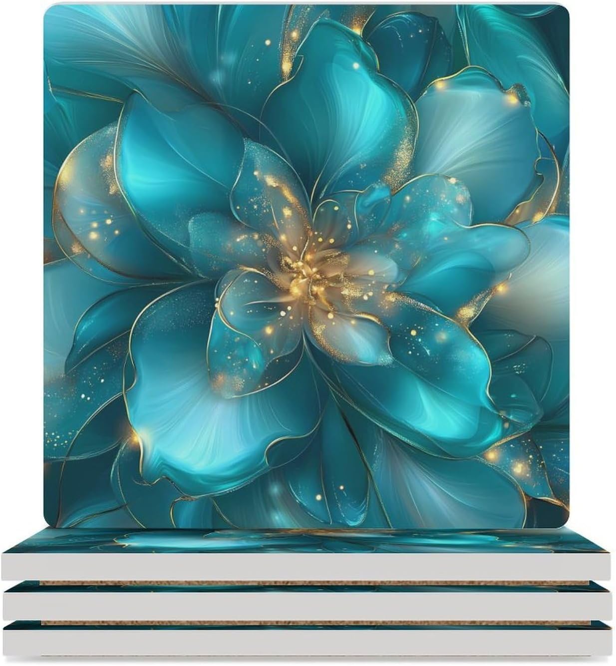Turquoise Flowers Abstract Coasters for Drinks Square Table Coasters Set Cup Mats with Cork Base