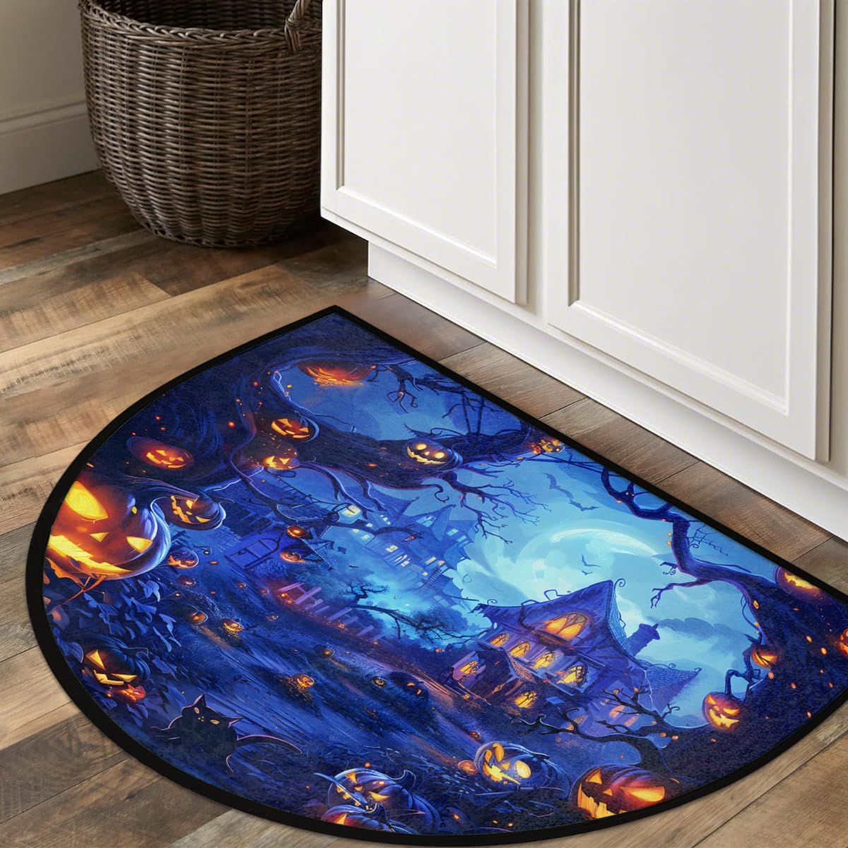 Half Round DoormatHalloween Spooky Blue Pumpkin Washable Semi Circle Area Rug Non Slip Half Moon Rug Holiday Decor Mat for Indoor Outdoor Bathroom Kitchen Welcome Fireplace Hearth Floor Mat