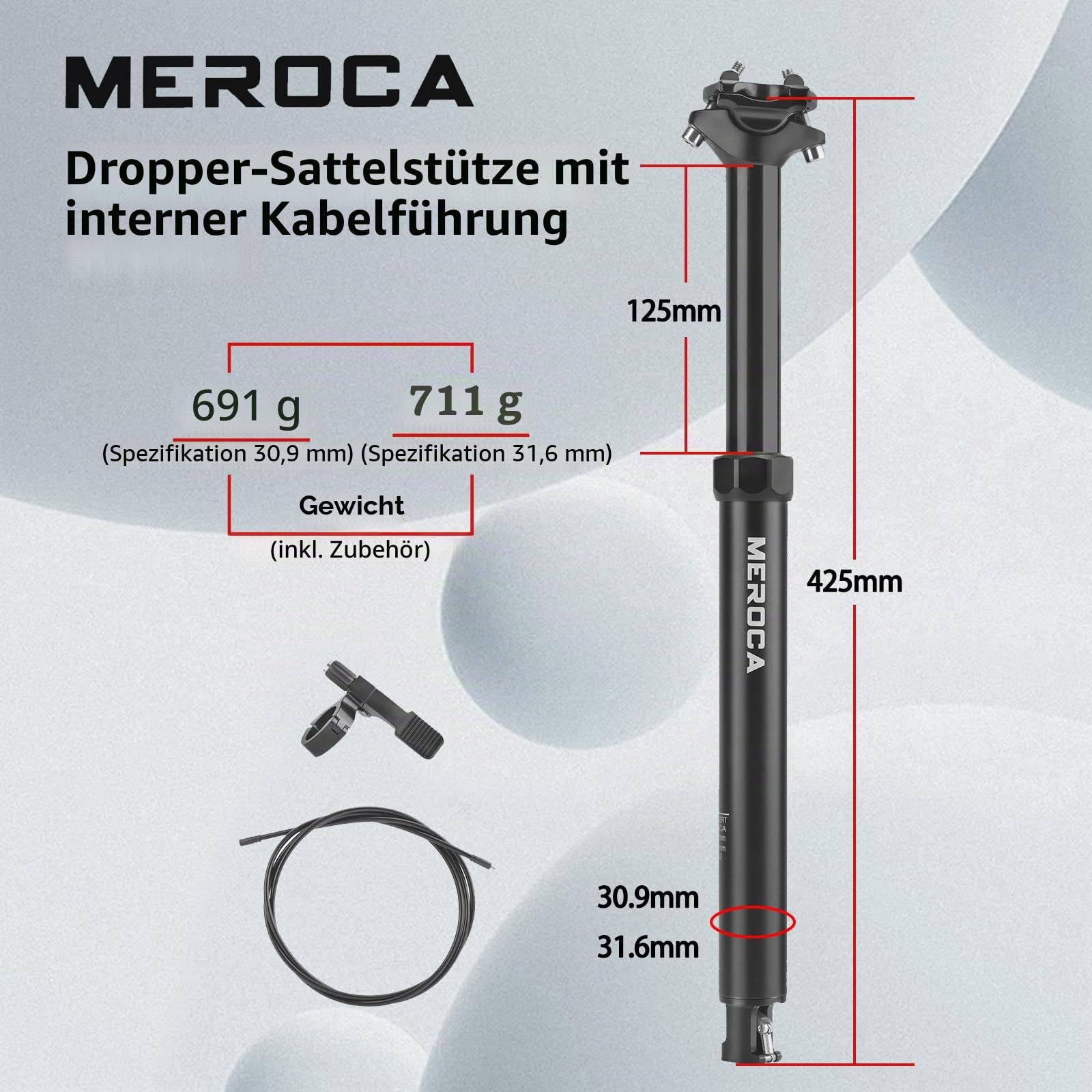 Dropper Sattelstütze für Mountainbike, 30,9/31,6 mm Fahrradsattelstütze, 125 mm Reise, Aluminiumgehäuse, mit Fernbedienungshebel und Kabelsatz, MTB/E-Bike interne Routing