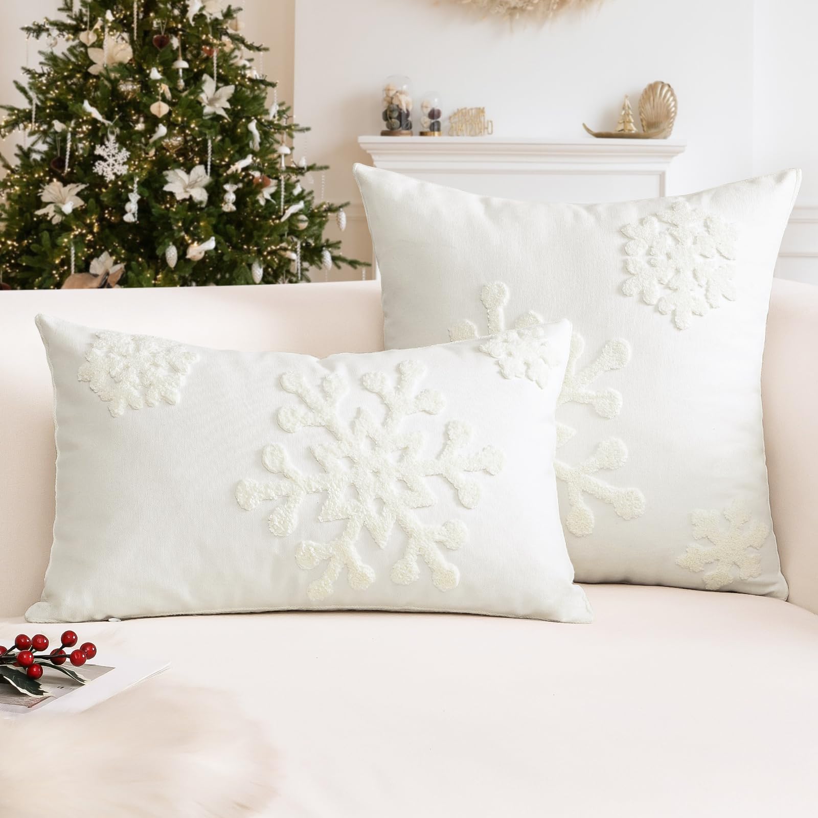 OTOSTAR Confezione da 2 federe decorative natalizie con fiocco di neve, 40,6 x 61 cm, morbide, decorative, per divano, camera da letto, auto (bianco crema)