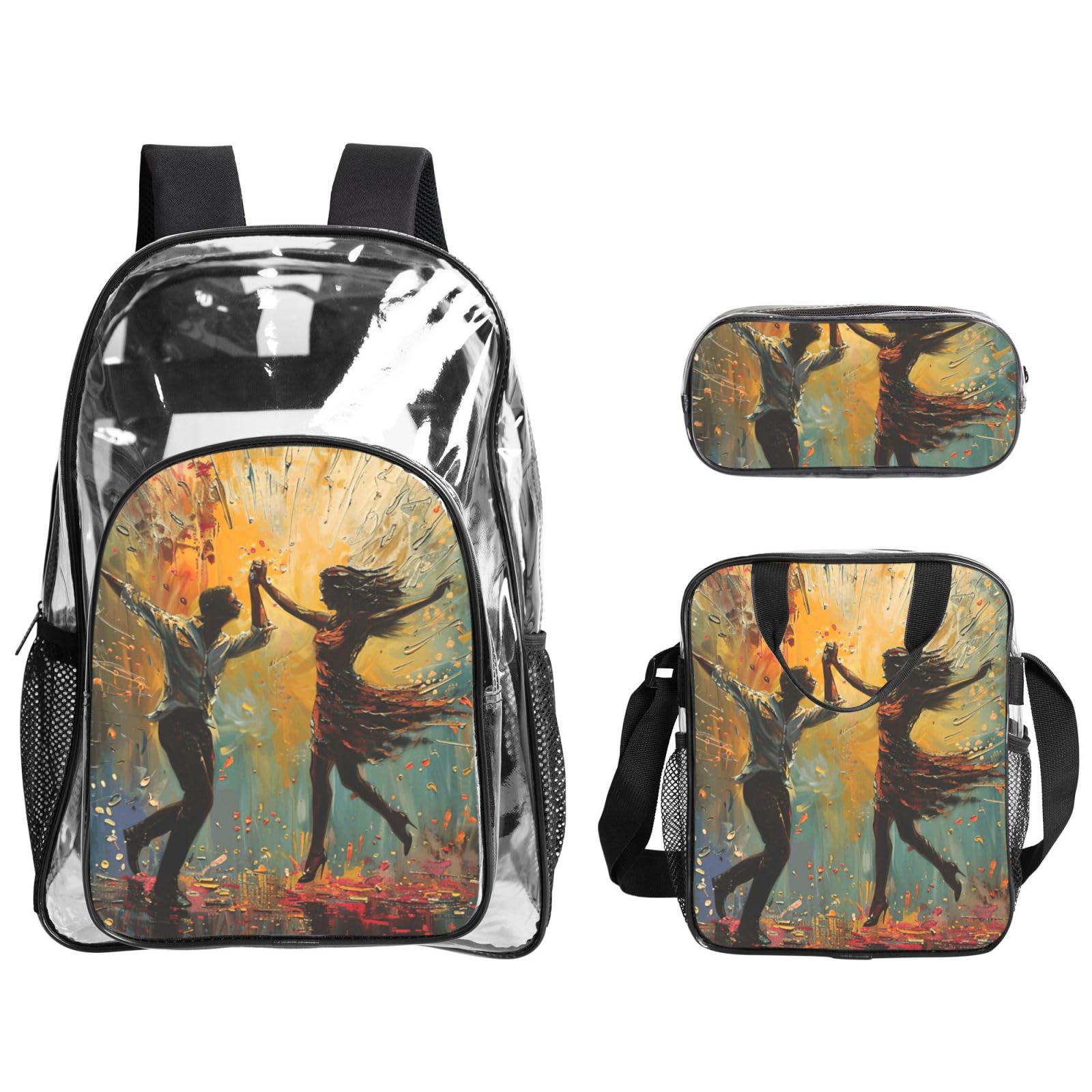Dance With Music Print 3-Piece Trasparente Zaino Set Per Viaggi Avventure All'aperto Vacanze Borsa Trasparente
