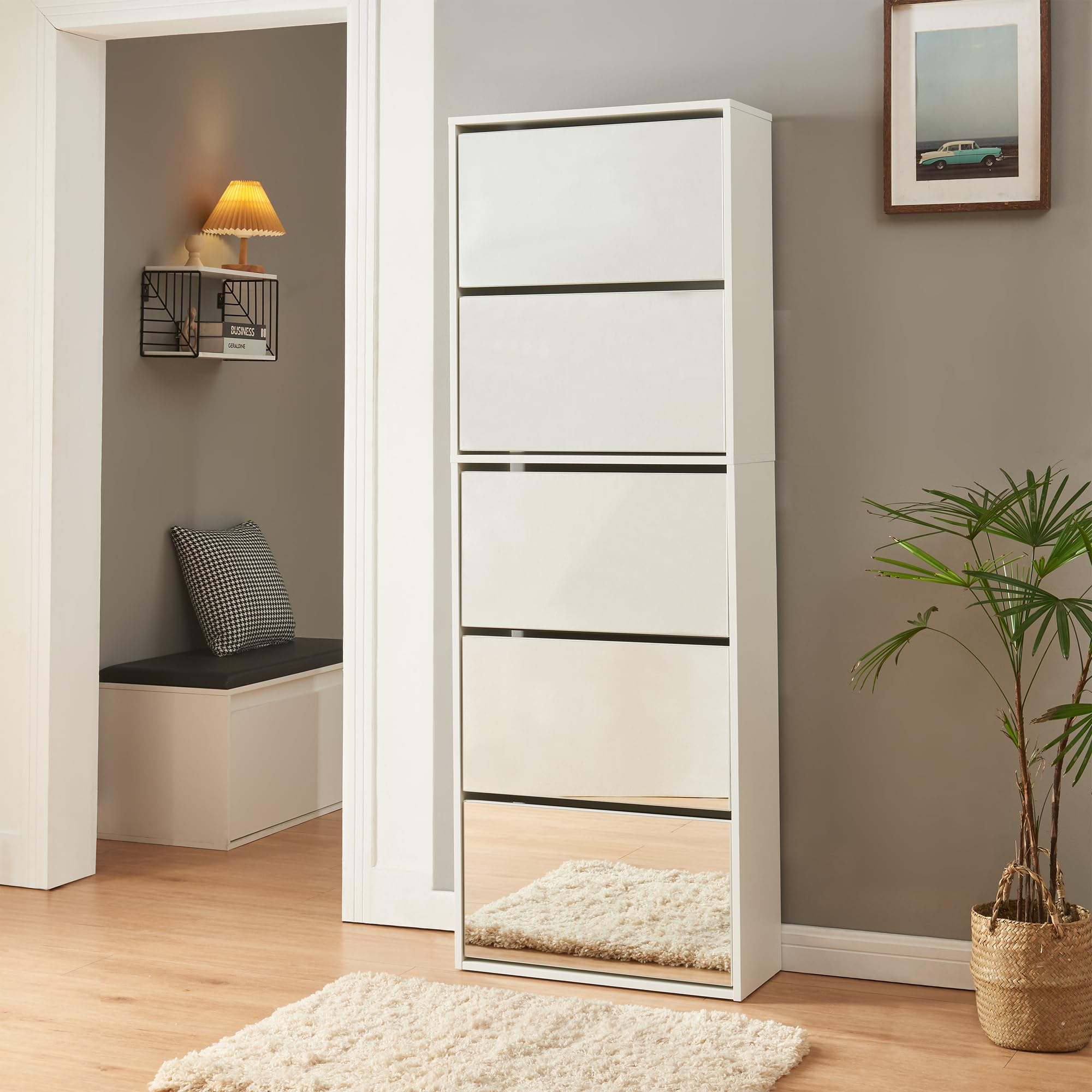 [en.casa] Armario Zapatero con Espejo Lund Mueble Zapatero con 5 Puertas Abatibles Organizador de Zapatos para 20 Pares de Calzado 169 x 60 x 24 cm Blanco