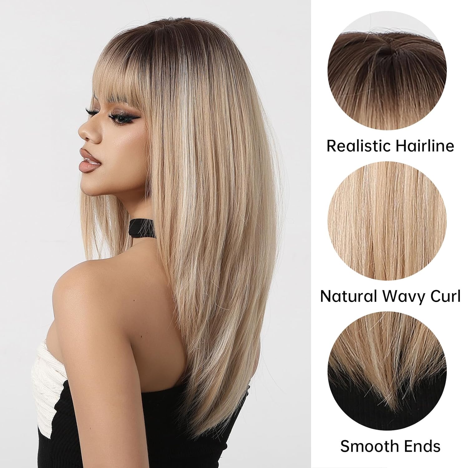 Allbell Ombre Blonde Wig for Women,Long Straight Synthetic Hair Wig with Bangs for White Women 20 Inches - Image 5