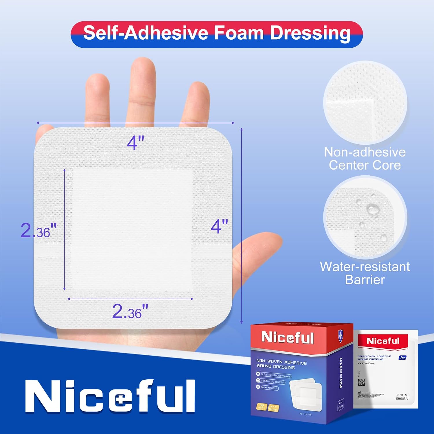Niceful 50 Pcs Island Dressing 4"x4", 10 Pcs Super Absorbent Wound Dressing 5"x5", Highly Absorbent Wound Dressing Wound Care Products Family First Aid Kits