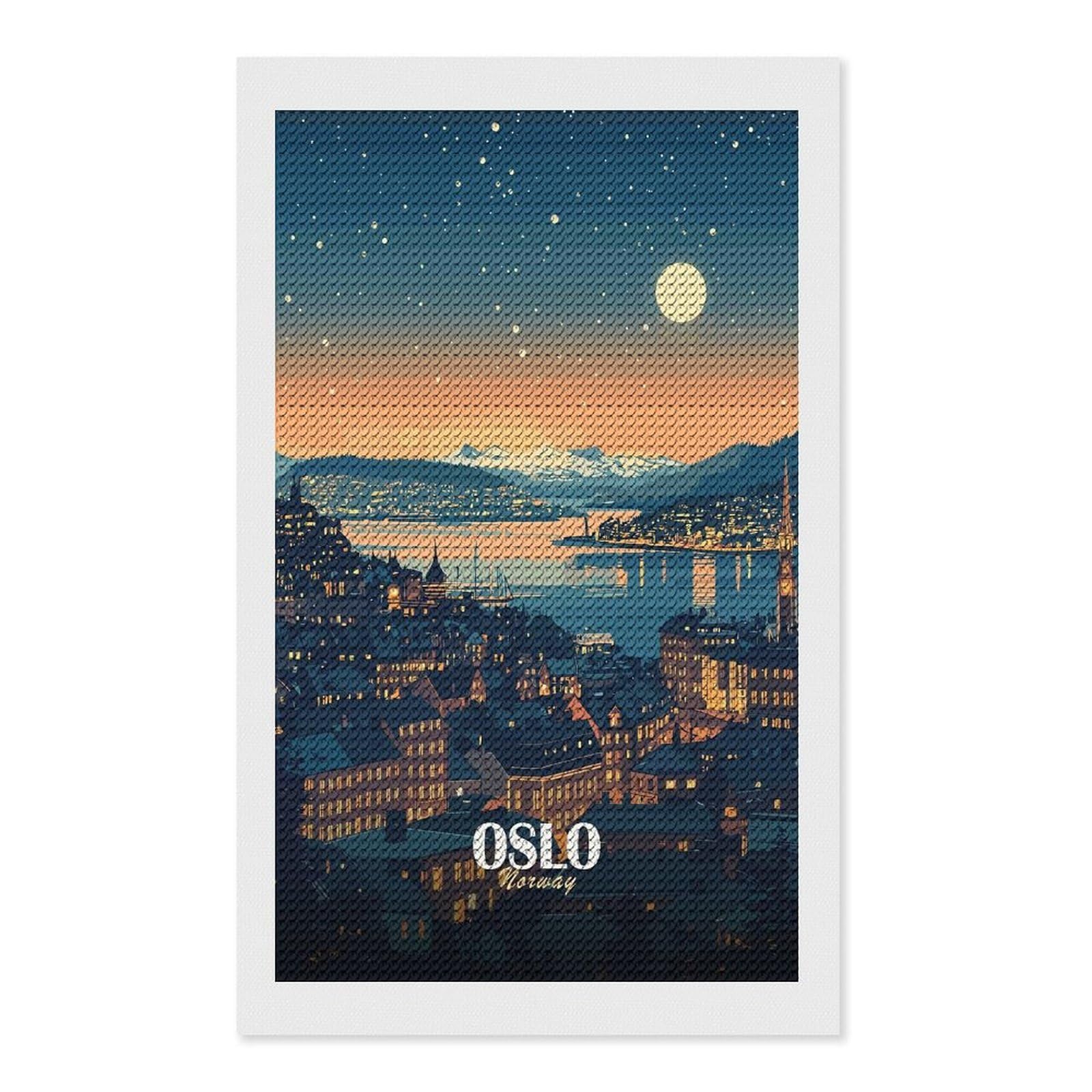 Junmoney Oslo, Norway Cityscape at Night DIY Diamond Art Canvas Kit 12"x20", Farmhouse Decor, Vintage Style Decor, Handmade Wall Decor, Canvas Picture