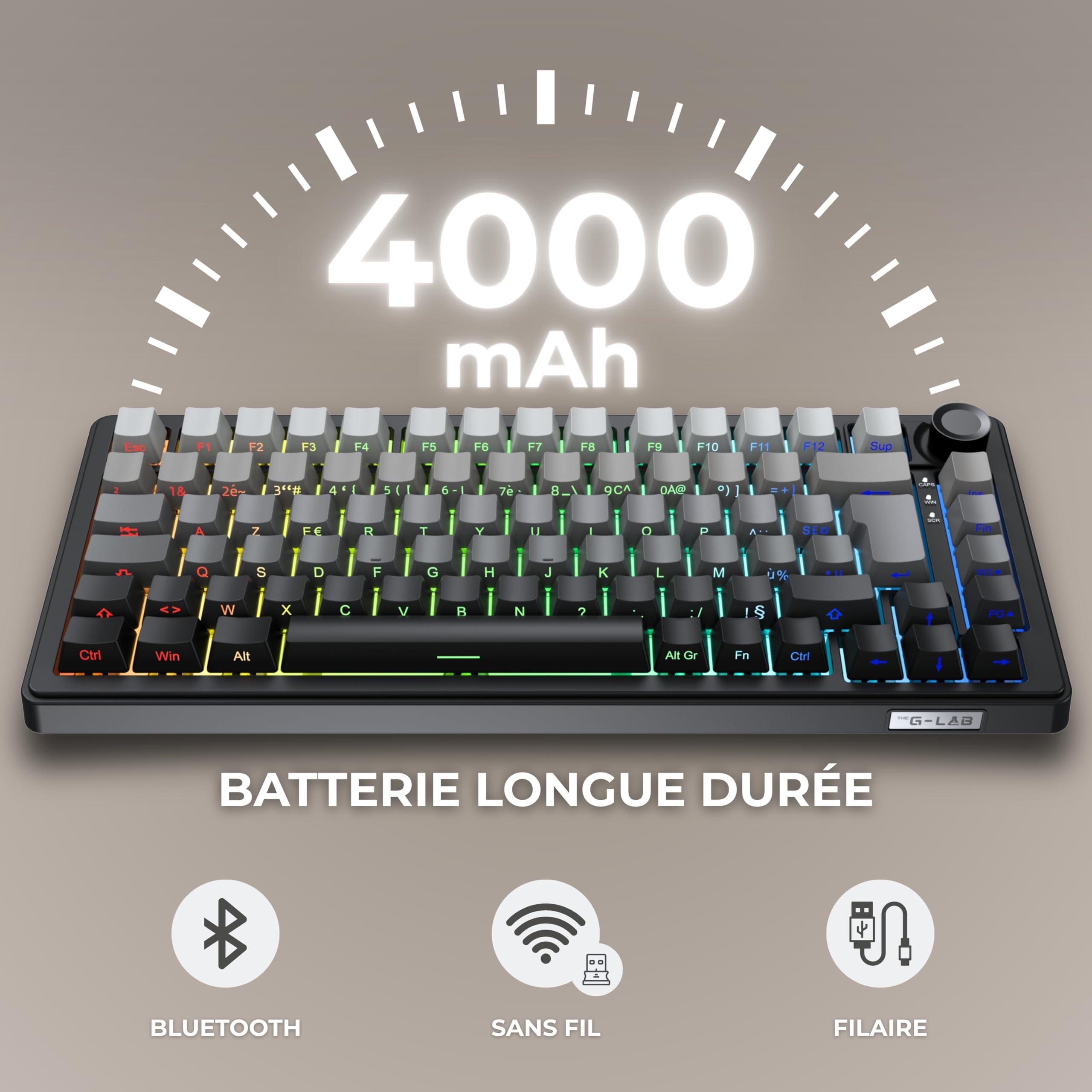 The G-Lab KEYZ Elite 300 GRG - Clavier Gamer sans Fil TKL Tri Mode 2.4 Ghz/Bluetooth/Filaire - Clavier Mécanique Hot Swap, Switchs Pré-lubrifiés, Gravur Latéral, RGB+Macro - AZERTY FR - Windows/Mac