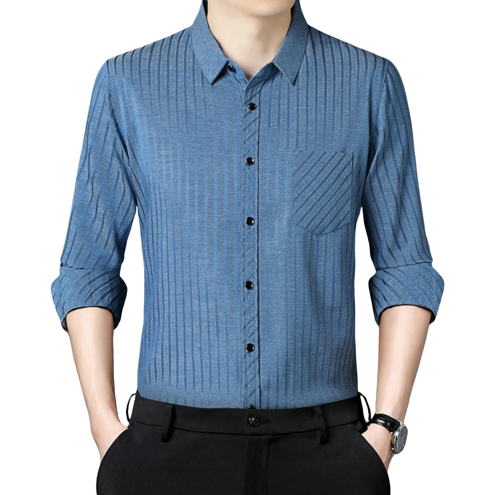 Camisa de manga larga para hombre, primavera, otoño, medieval, seda de morera, informal, sin arrugas, a rayas