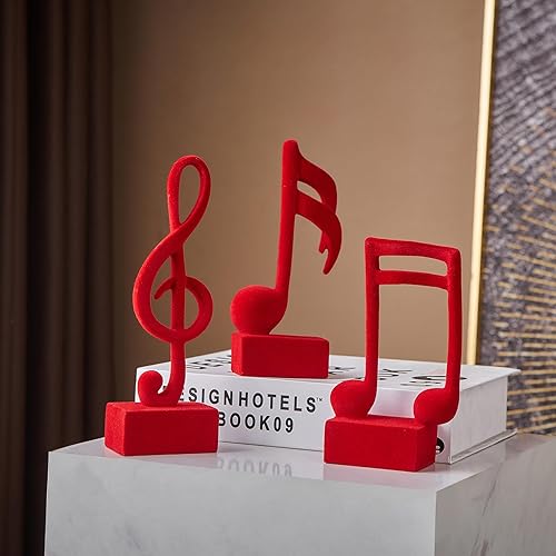 Miniatura 5 de Esculturas de notas musicales de 3 piezas para decoración de estantes, resina de terciopelo rojo, estatua de notas musicales, estatua, estantería,