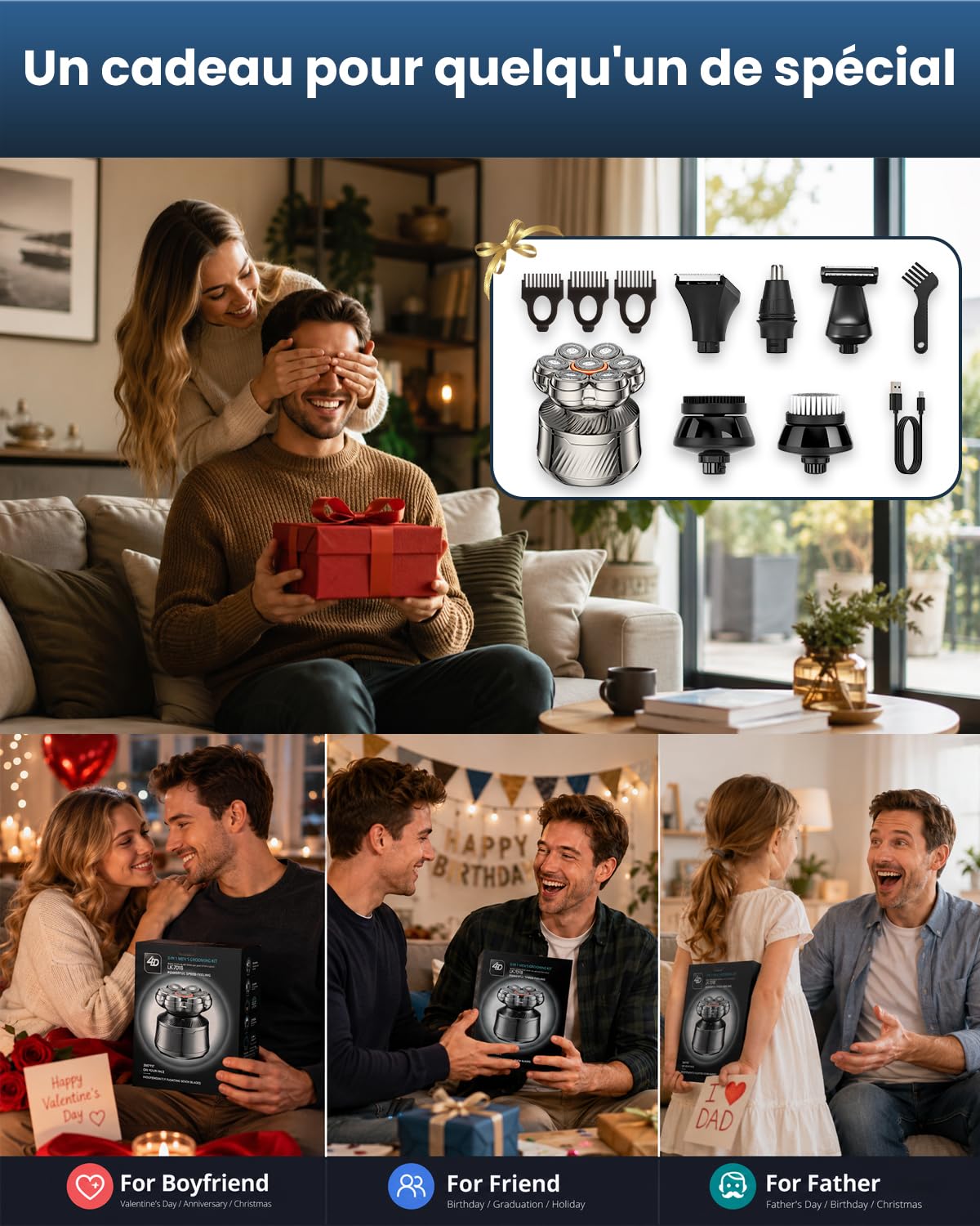 Rasoir Crâne Homme 7D, Rasoir Électrique 6 en 1 avec Têtes Flottantes, Tête Magnétique Amovible, Rasage Humide et Sec, Écran LED, Charge USB-C, Tondeuse Nez, Tondeuse Cheveux et Corps