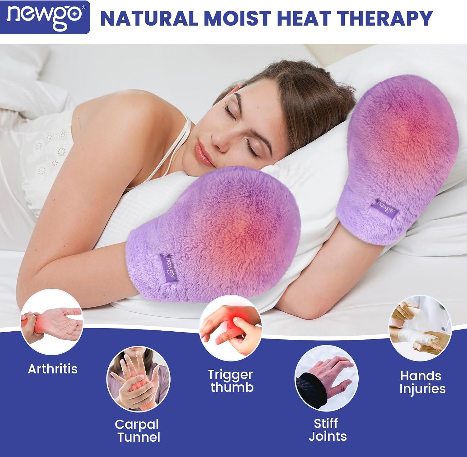 NEWGO Microwavable Heating Mittens for Hand to Relieve Arthritis Pain Heated Hands Warmers 2 Pack, Heated Gloves for Arthritis Hands,Moist Heat Therapy Relief for Stiffness, Trigger Finger - Purple