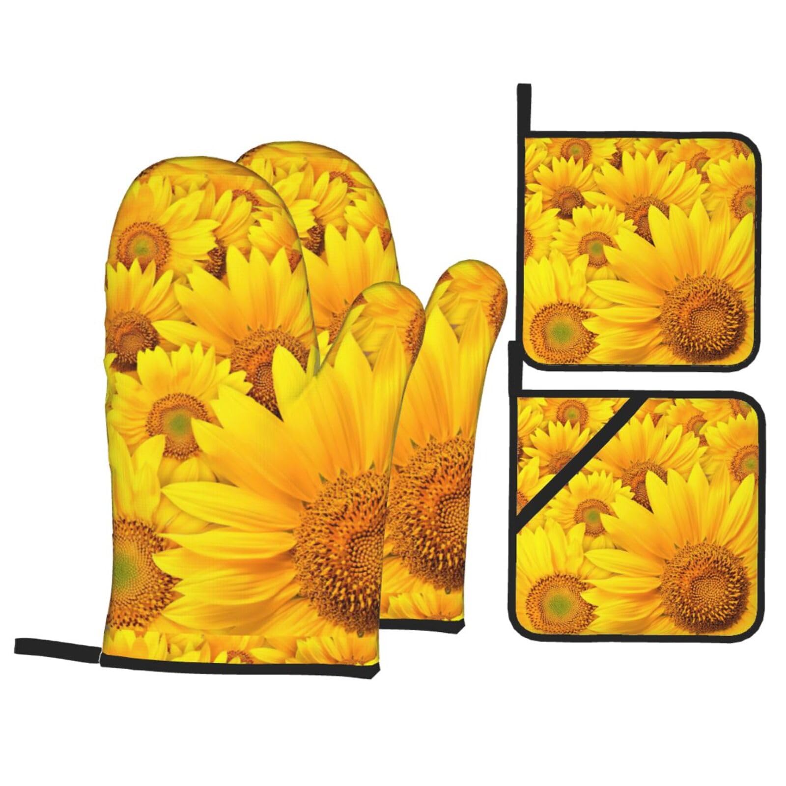 Many Sunflowers Print Kitchen Oven Mitts And Pot Holders Set,Hanging Loop Design For Cooking Baking Bbq