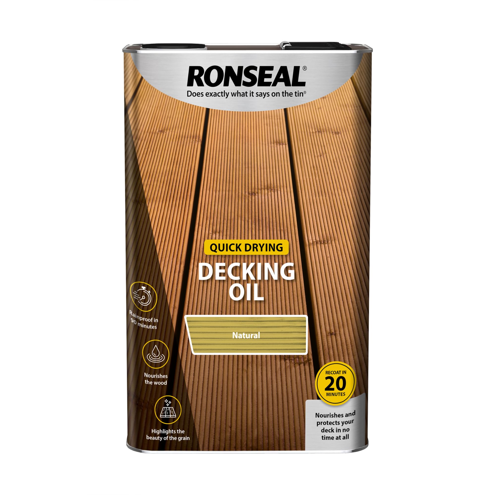 Ronseal Quick Drying decking Oil in Natural Finish, 5 Litre tin, Suitable for Nourishing and Protecting Exterior Wooden decking While maintaining the Wood’s Natural Appearance.