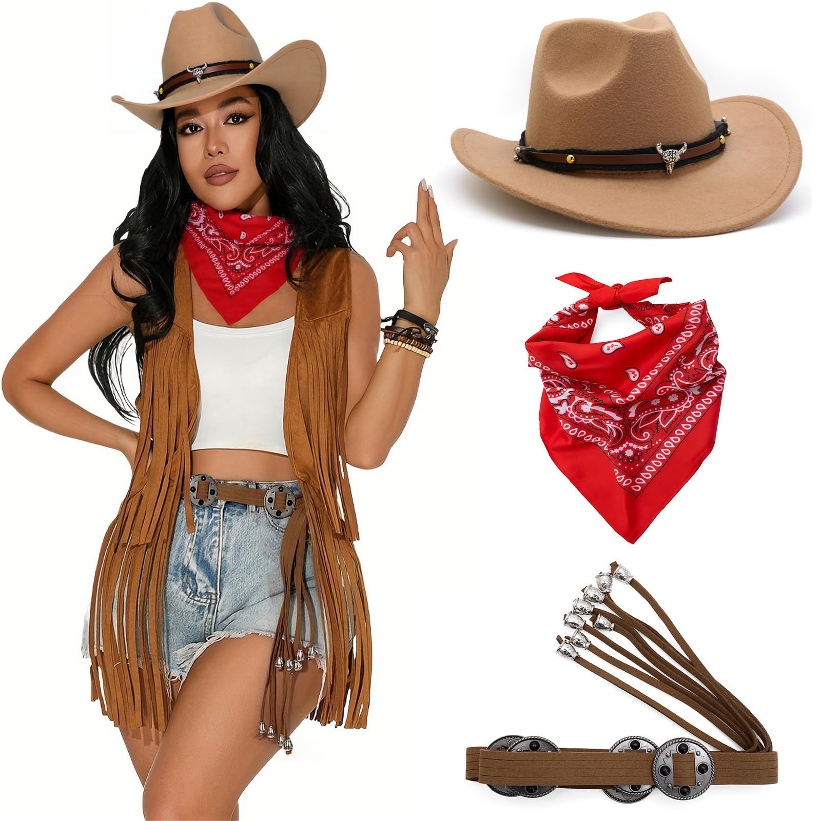 MICFENY 3Pcs Cowgirl Outfit Accessories Including Rodeos Hat Bandana For Wild Western Cosplay Event
