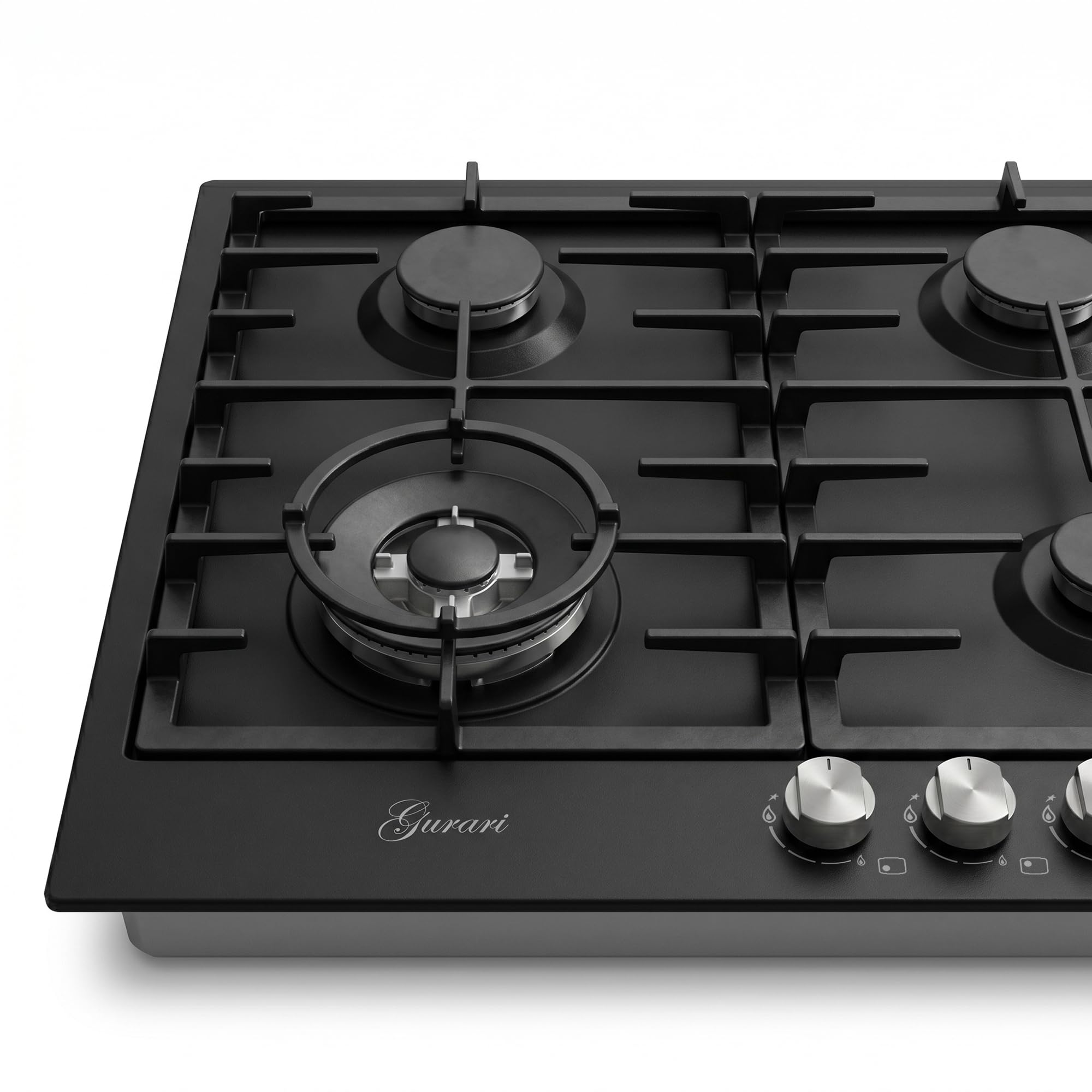 Gurari Gaskochfeld 90 cm GCH FB 905 BL • Autarkes Gas Kochfeld Schwarz Emaille • 5 Gasbrenner mit 4,0 kW WOK Brenner • DEFENDI Flat Brenner • Gusseisen Topfträger • Erdgas & Propangas