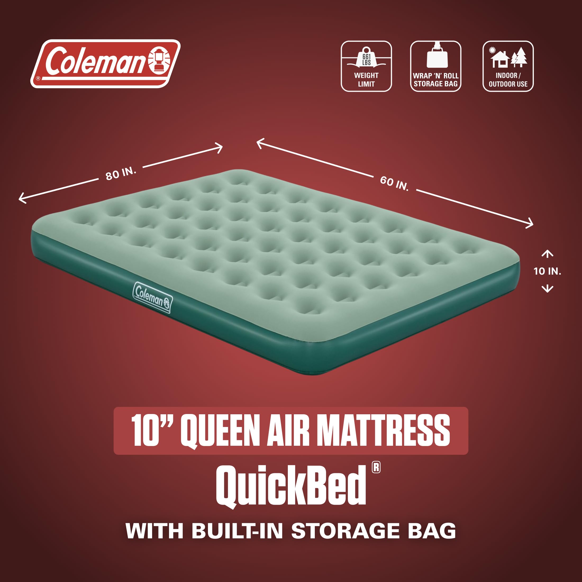 Coleman Matelas Gonflable Quickbed Queen de 25,4 cm | pour intérieur et extérieur