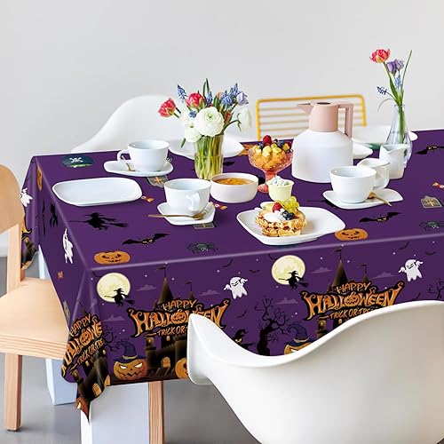 Miniatura 5 de Paquete de 3 manteles de Halloween, fundas de mesa grandes para fiesta de Halloween, murciélagos y calabazas, mantel de plástico para decoración de