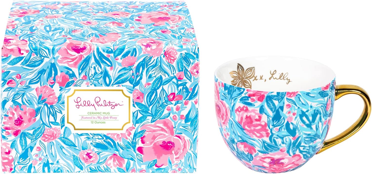 Lilly Pulitzer12 Ounce Floral Ceramic Coffee Mug or Tea Cup, Cute Mug with Gold Handle and Gift Box, My Little Peony