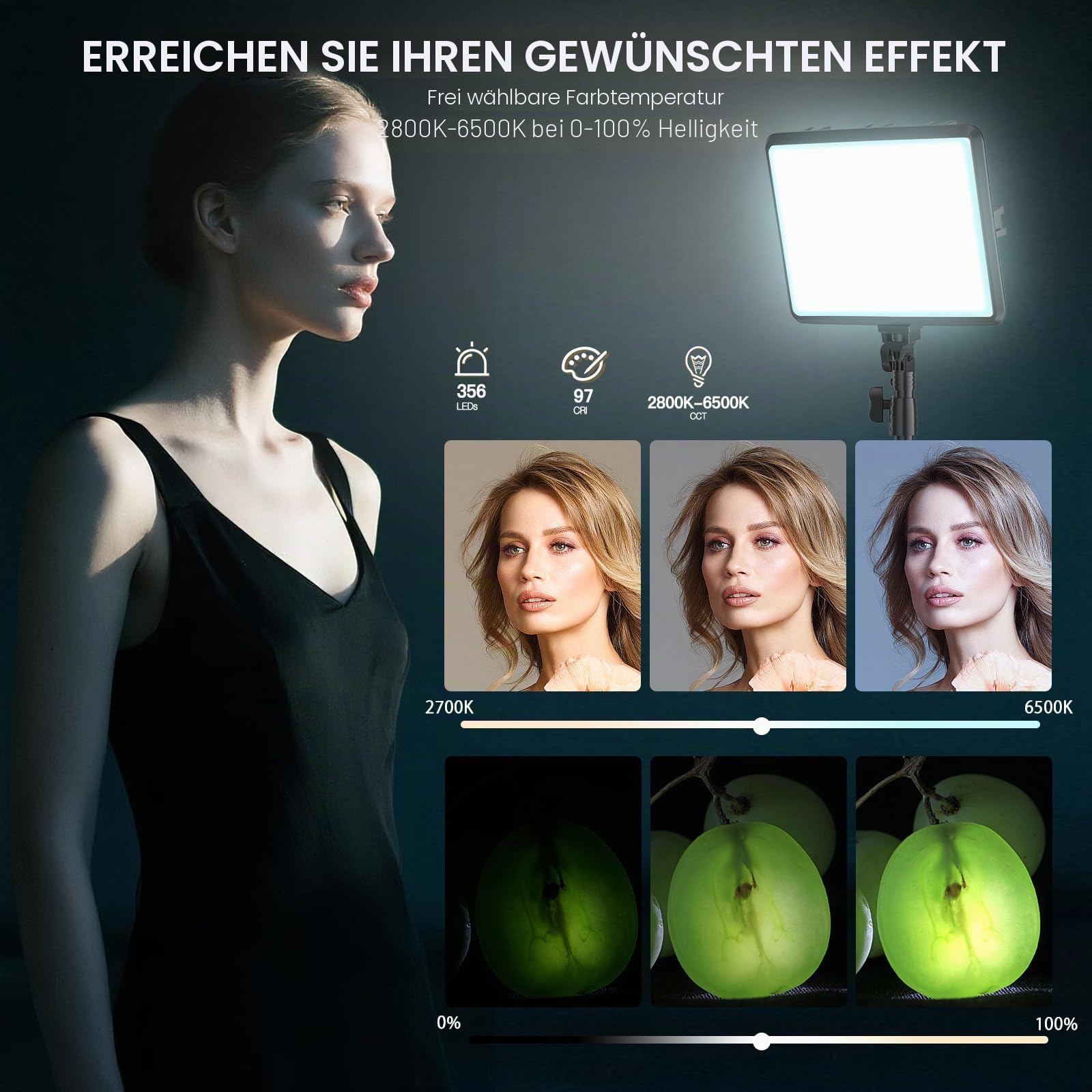 NiceVeedi 2 Stück LED VideoLicht Set, 2800–6500K, Dimmbar, Kontinuierliche Fotografie-Beleuchtung mit 1.6m Stativständer und Handyhalterung, Studio-Licht für Videoaufnahmen, YouTubee (15W)