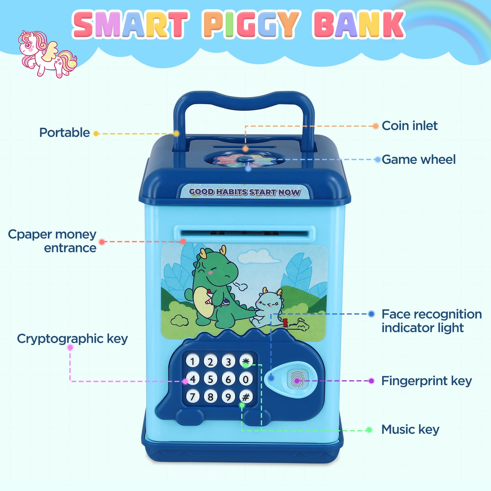 Cartoon Piggy Banks for Kids Electronic ATM Password Cash Coin Saving Can with Password Face/Fingerprint Recognition Unlocking - Image 3