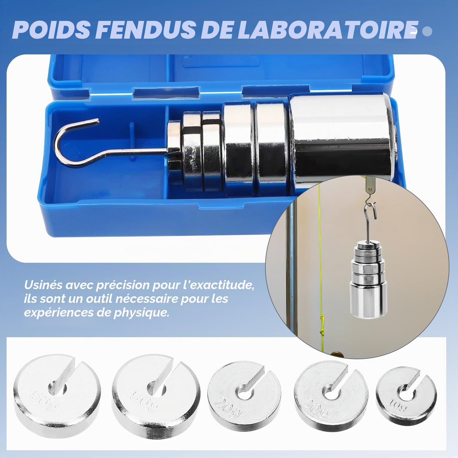Mobestech Masse Fendue En Métal Avec Cintre Ensemble De Poids À Fentes De Laboratoire 200 G 2 X 50 G 2 X 20 G 1 X 10 G Boîte De Rangement Pour Expériences De Physique
