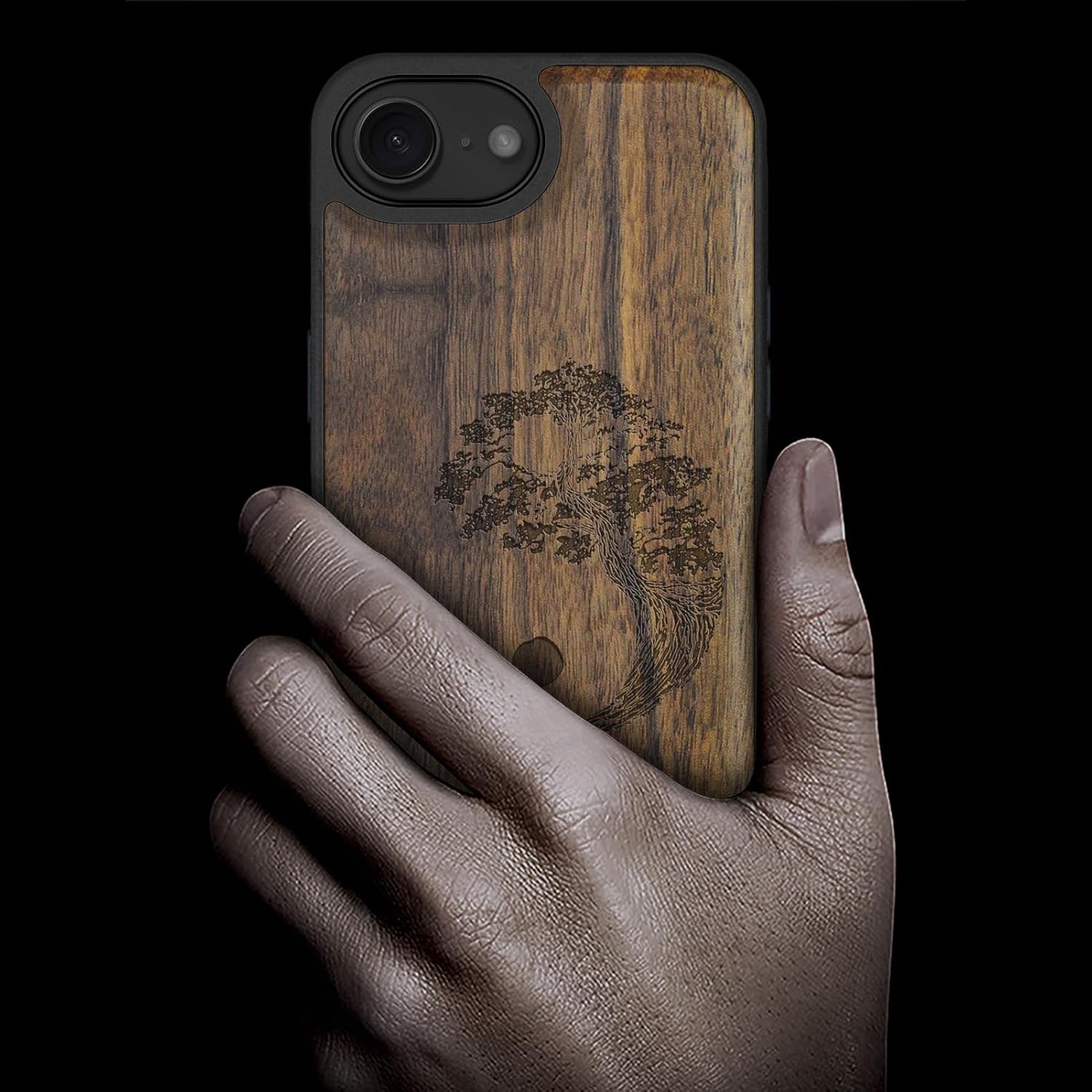 Carveit Magnetic Wooden Case for iPhone 16e / 17e, Solid Wood & Black TPU, Artisan Engraved Design, Shockproof Cover, Compatible with MagSafe Wireless Chargers, Yin Yang Bonsai Tree - Walnut