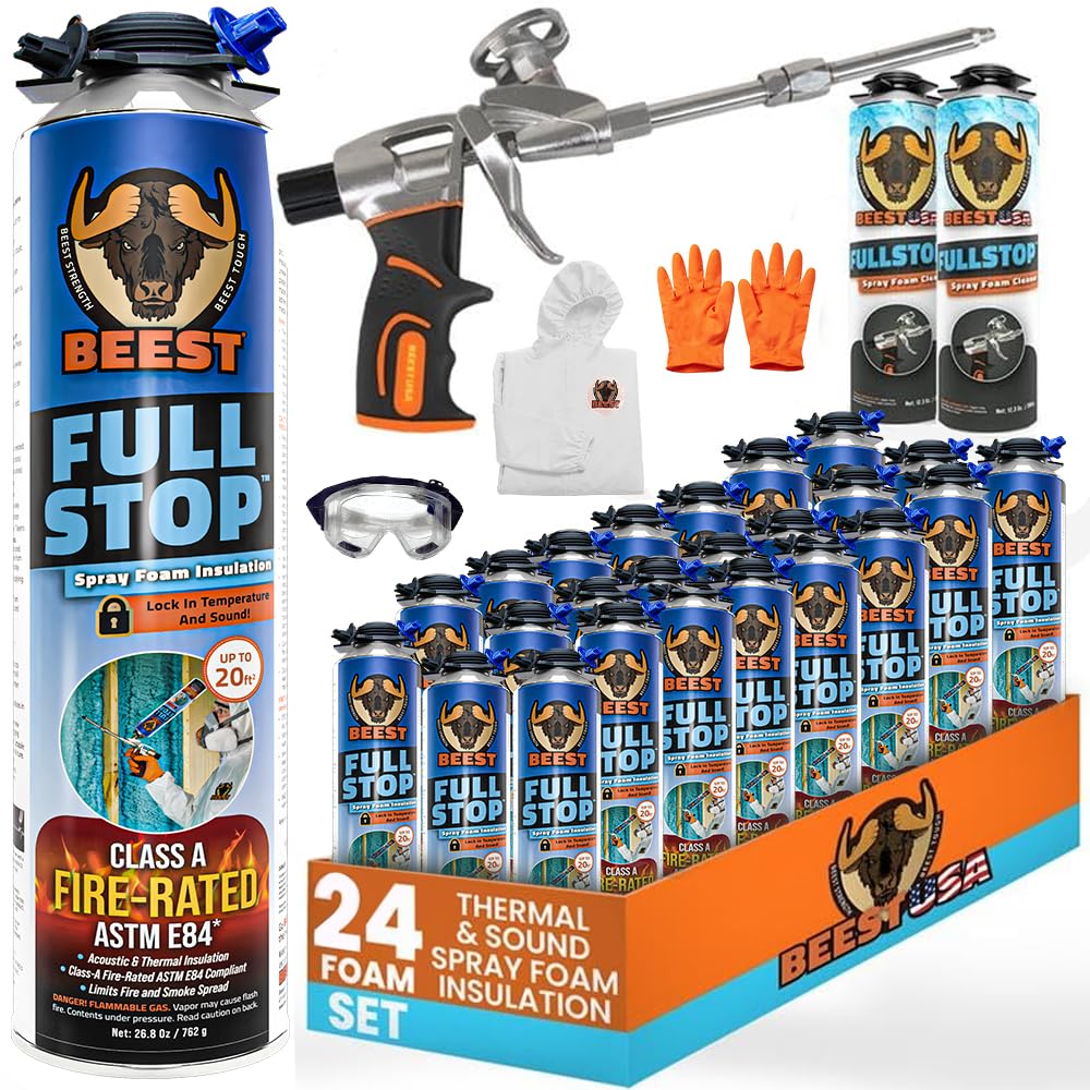 BEEST FullStop Spray Foam Insulation Kit - 480 Board ft/sq.ft. Fire Rated Spray Insulation Foam for Walls & Attics with Thermal & Soundproofing - Includes 24x Cans, 2 Cleaner, Pro X Gun, Safety Gear