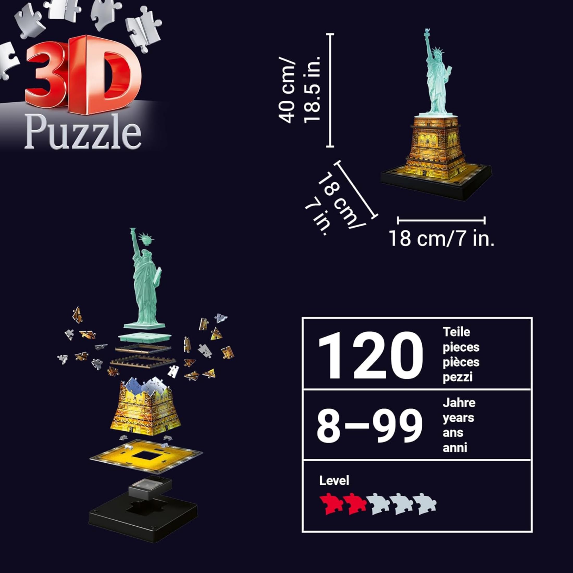 Ravensburger - Puzzle 3d Statua Della Libertà LED | Puzzle 3d Per Adulti E Bambini A Partire Dagli 8 Anni | Modellismo Da Costruire Adulti Di 120 Pezzi | Regalo Bambino 8 Anni E Più