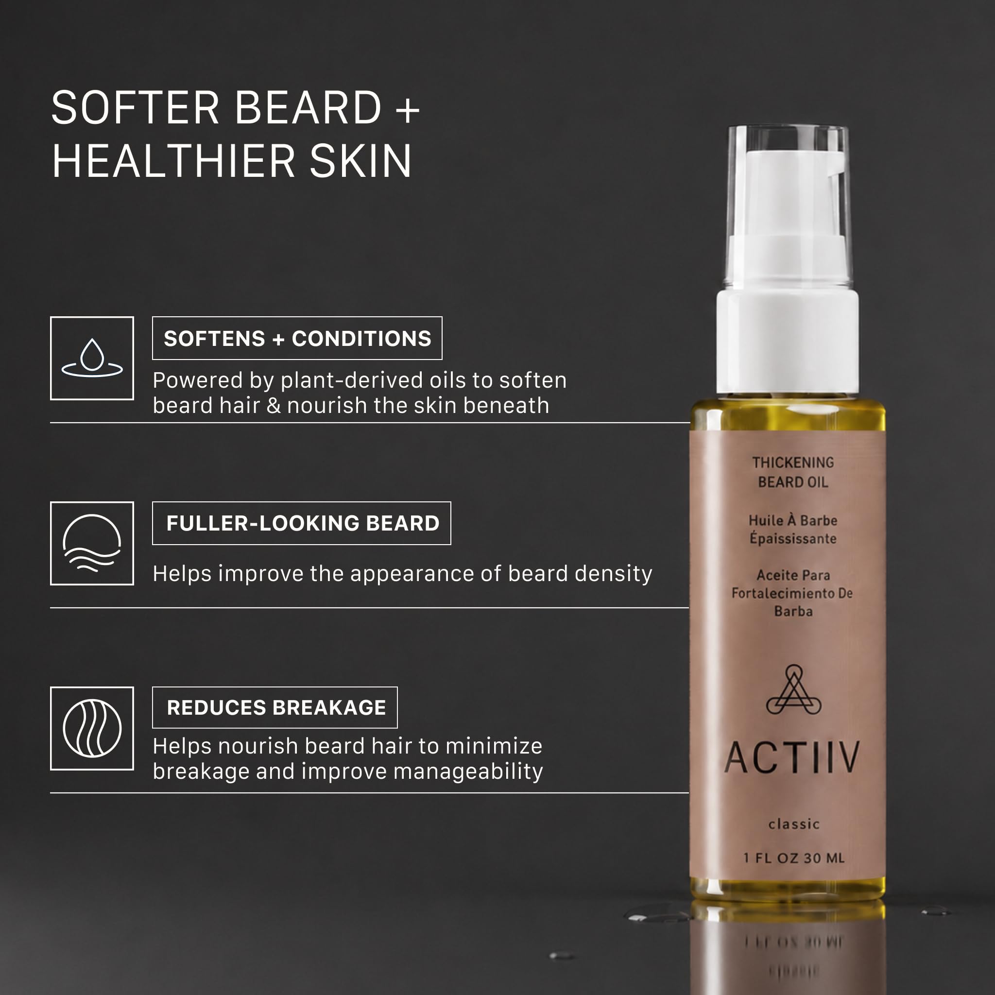 ACTIIV Thickening Beard Oil | Promotes Thicker Fuller Beard Growth, Nourishes & Softens Facial Hair, Lightweight Non-Greasy Formula, Vegan, Plant-Based, All Beard Types