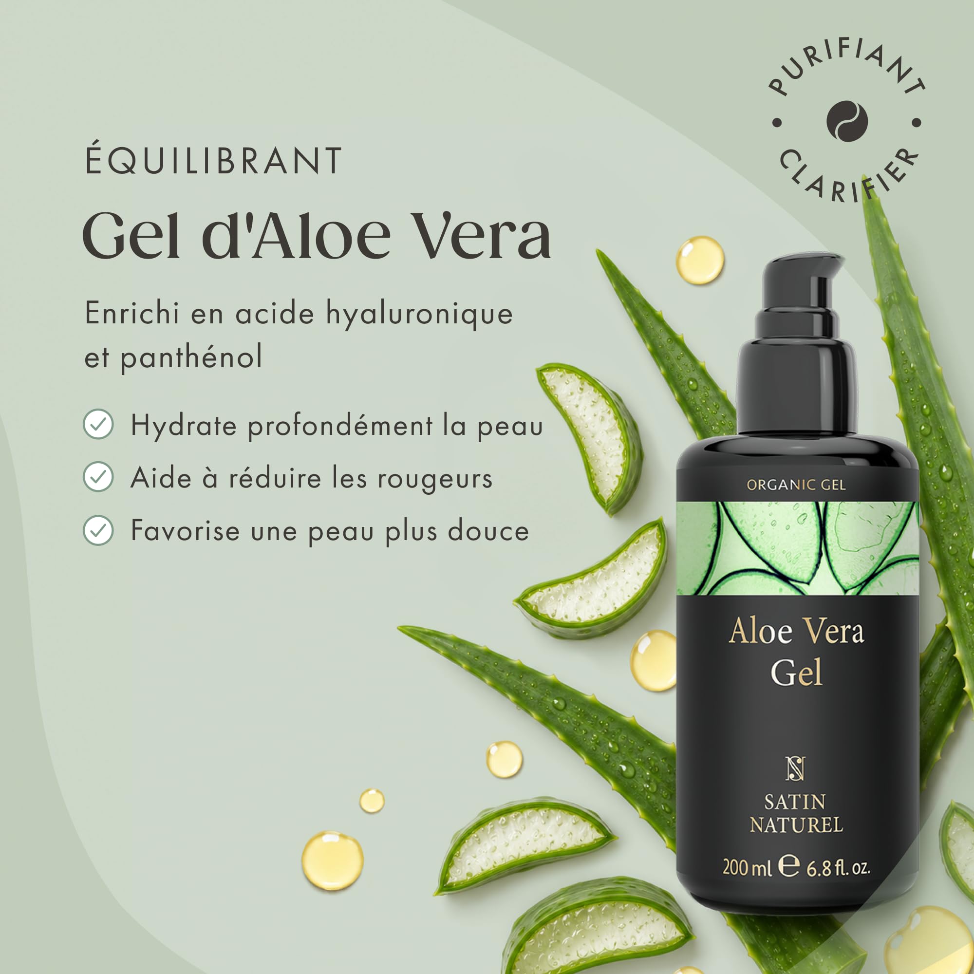 Satin Naturel Gel Aloe Vera Bio 200 ml – 100% Vegan & Cosmétique Naturelle – Gel d’Aloe Vera Concentré – Avec Acide Hyaluronique & Panthénol – After Sun & Soin Hydratant Visage, Corps & Cheveux