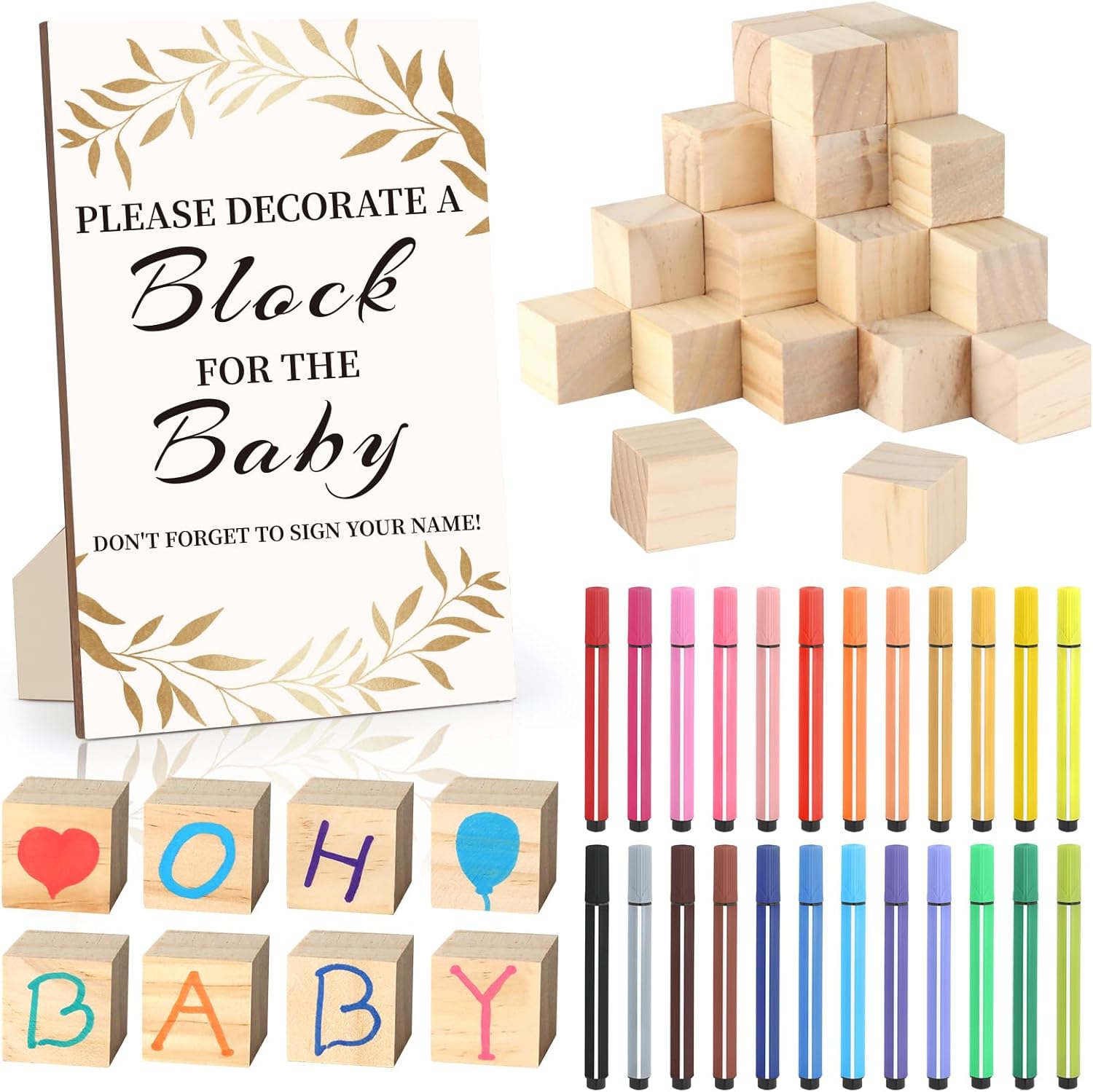 wookidel Baby Shower Games Sign Kit with 50 Blank Wooden Baby Blocks, 24 Acrylic Paint Marker and Wooden Sign, Blocks for Baby Shower Games, Gender Reveals Party(Gold)