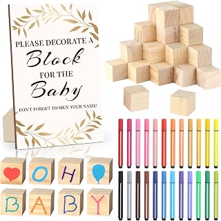 wookidel Baby Shower Games Sign Kit with 50 Blank Wooden Baby Blocks, 24 Acrylic Paint Marker and Wooden Sign, Blocks for Baby Shower Games, Gender Reveals Party(Gold)