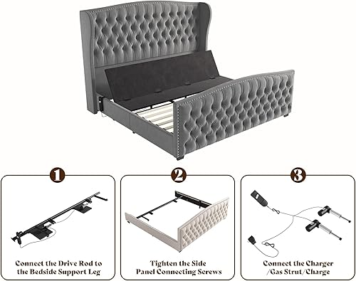 Miniatura 8 de AMERLIFE Base de cama ajustable tamaño Queen de 51" de altura con cabecera tapizada en terciopelo y acolchado con botones capitoné profundos, cama