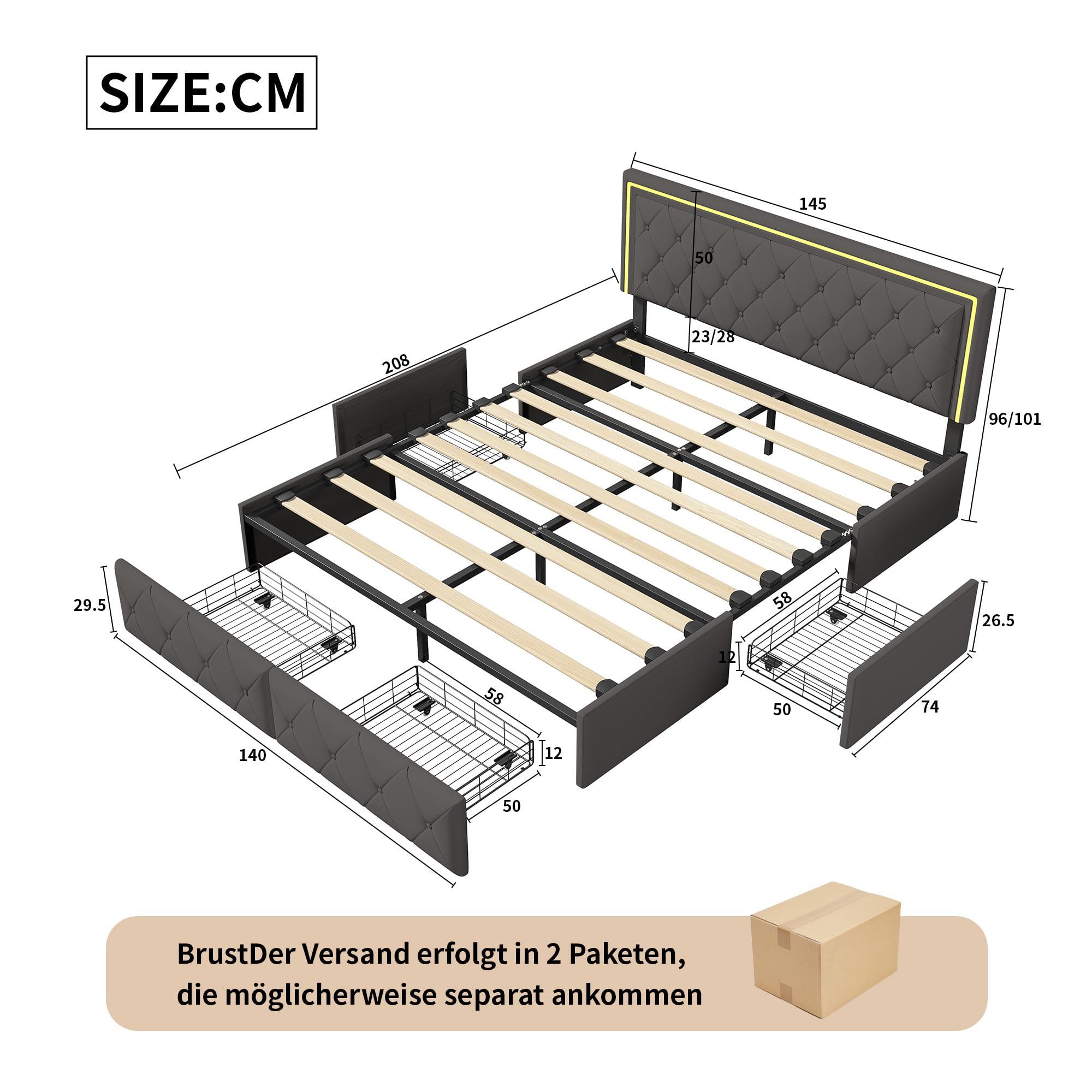 BRILVERDE Letto Imbottito 140x200 con Contenitore, Letto Matrimoniale con USB, con 4 cassetti, con testiera, Struttura Letto con Rete a doghe, PU (Grigio, 140 x 200 cm)