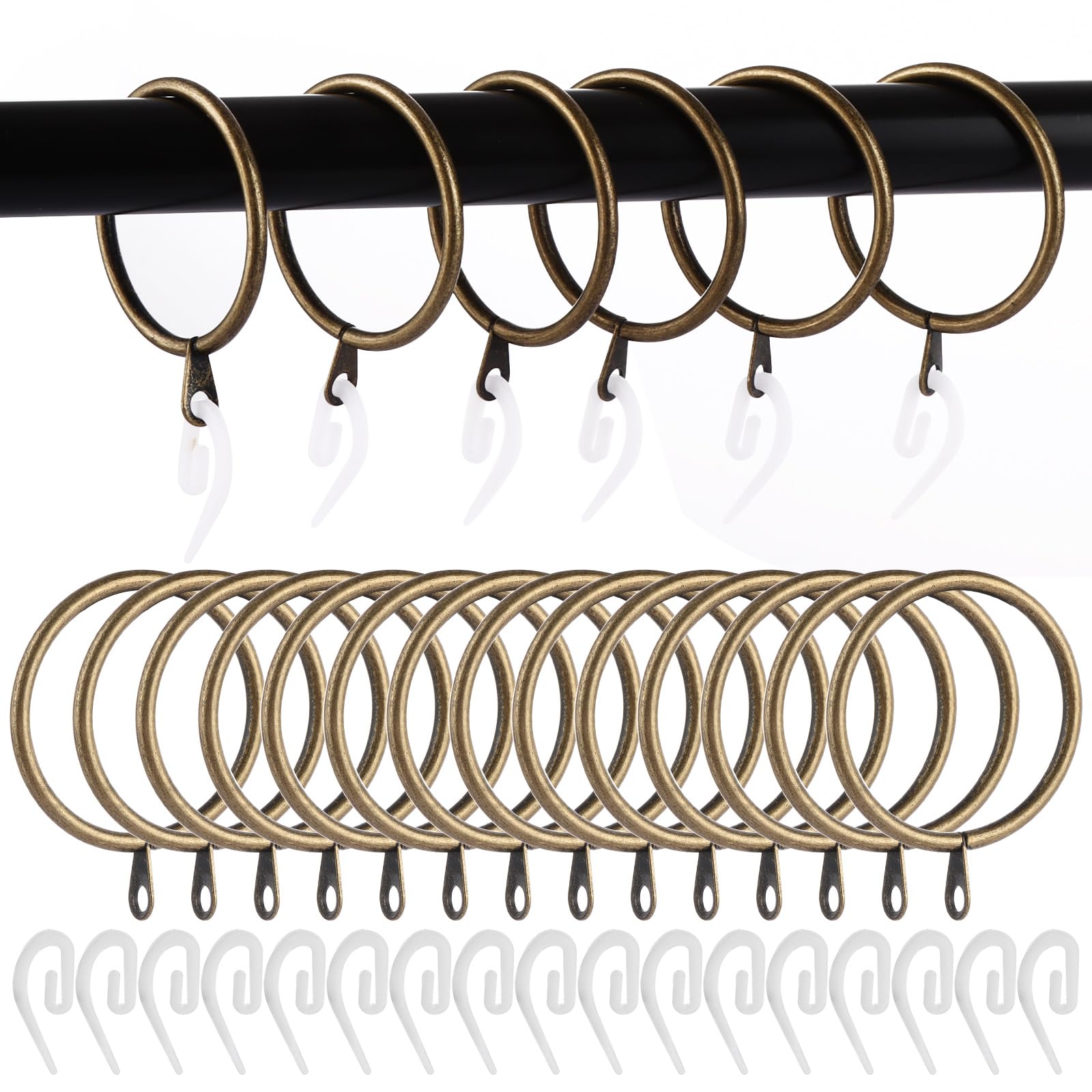 AHAQU 100 Pack Metal Curtain Rings, 45mm Internal Diameter Curtain Pole Rings, Smooth Glider Curtains Rail Hanging Rings, Heavy Duty Drapery Ring with Plastic Hooks- Antique Bronze