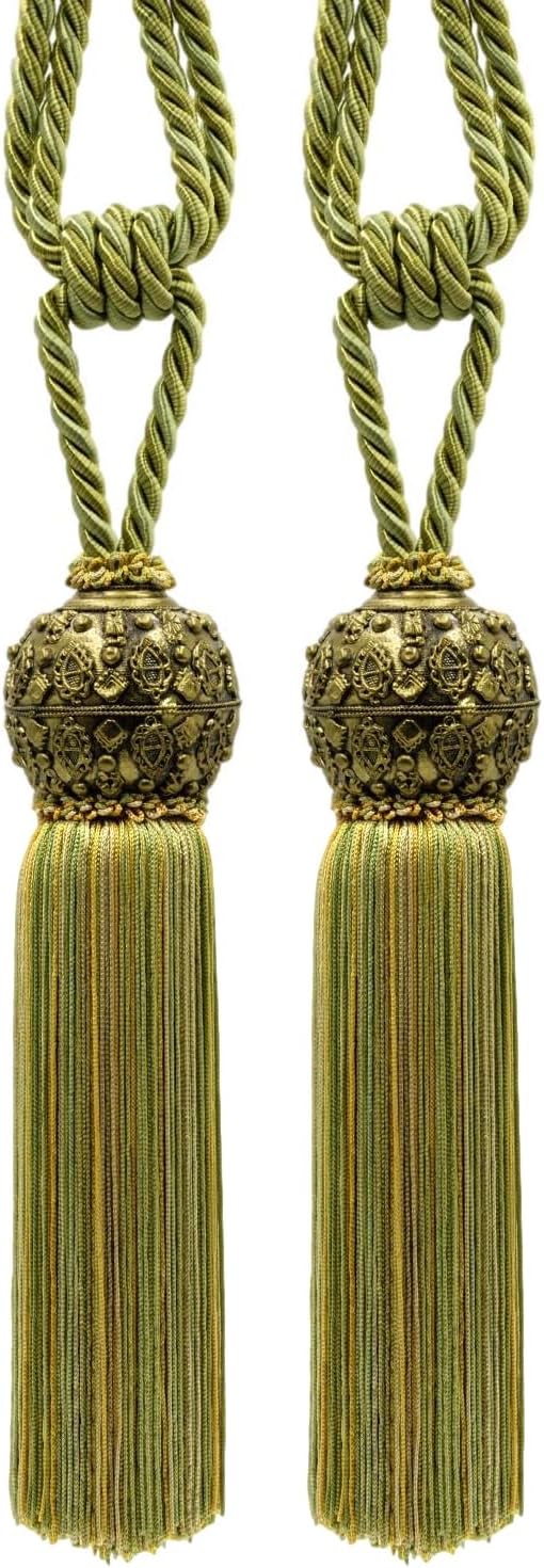 DÉCOPRO Raja Coll. Beautiful Curtain & Drapery Tassel Tieback with Ornamental Antique Head Tassel Length 10" (25cm) 30" Spread (76cm) # TBMTL10 #RJ09 (Light Green Sage Green Brass Gold) Pack of 2