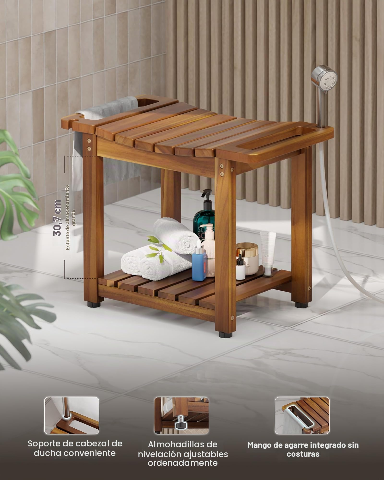 BLUEWEST Banco de Ducha con Estante de Almacenamiento, Bancos de Ducha de Madera Natural para Sentarse en el Interior, Taburete de SPA Impermeable para afeitarse Las piernas con Mango Integrado y