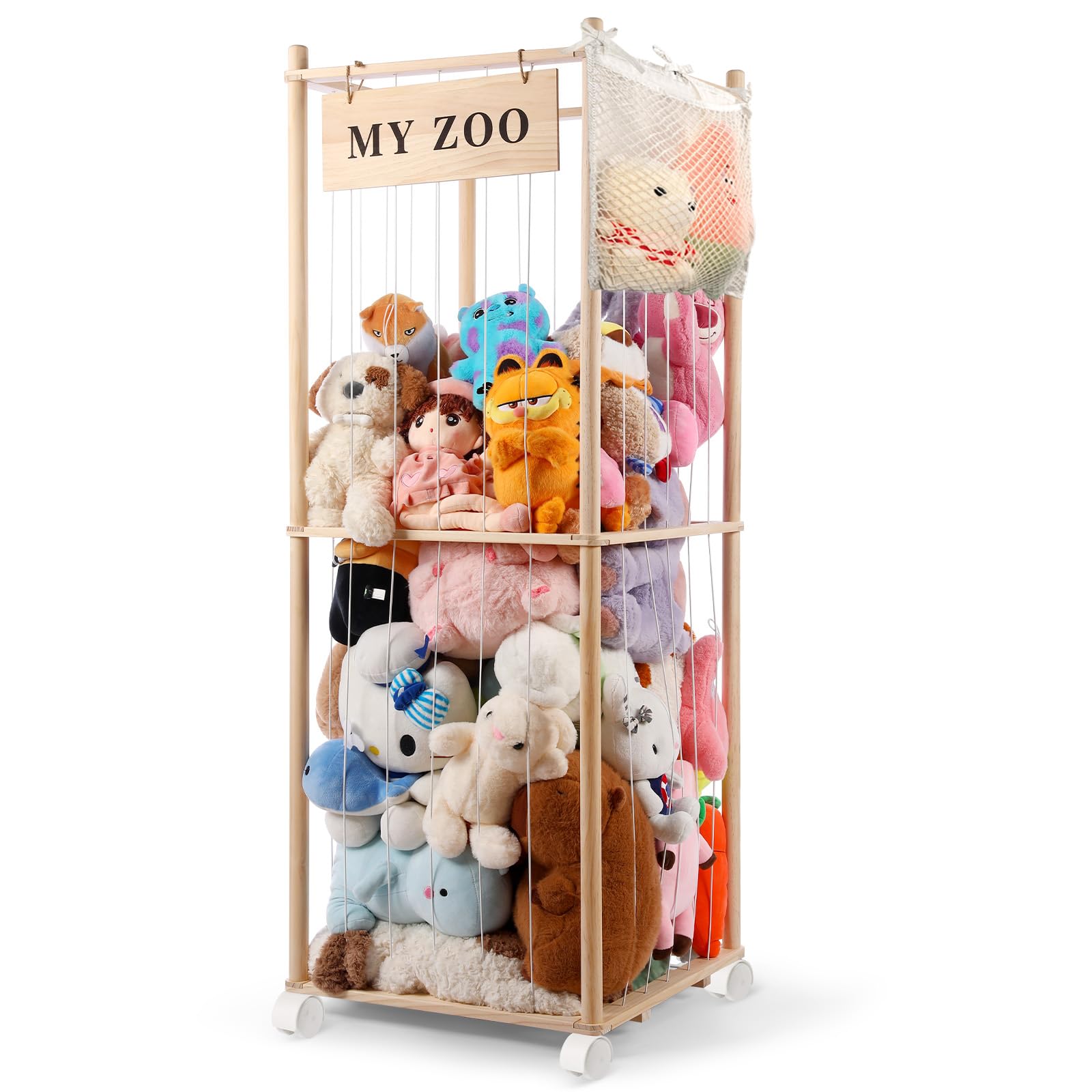 khlerox Massivholz Kuscheltier Aufbewahrung mit 360° Rollen & Bremse – inkl. Baumwollnetz, Plüschtier Organizer für Kinderzimmer, Spielzimmer & Wohnzimmer