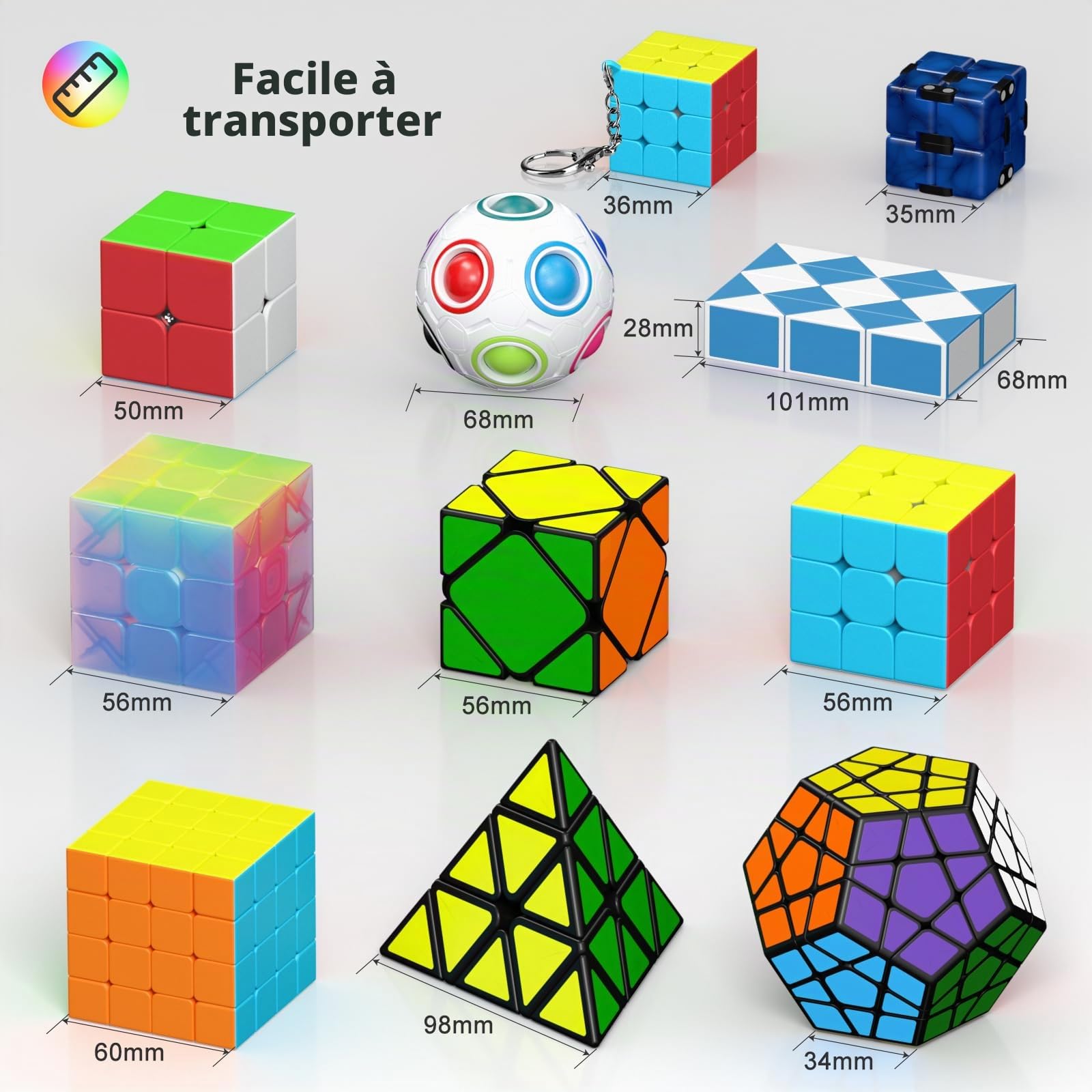 Vdealen Speed Cube Magique 2x2 3x3 4x4 Pyramide Megaminx Skewb Snake Infinity Cube de Vitesse, Lisse Autocollant Magic Cube Puzzle, Cadeau pour Enfants Les Adolescents Adultes(11 Paquet)