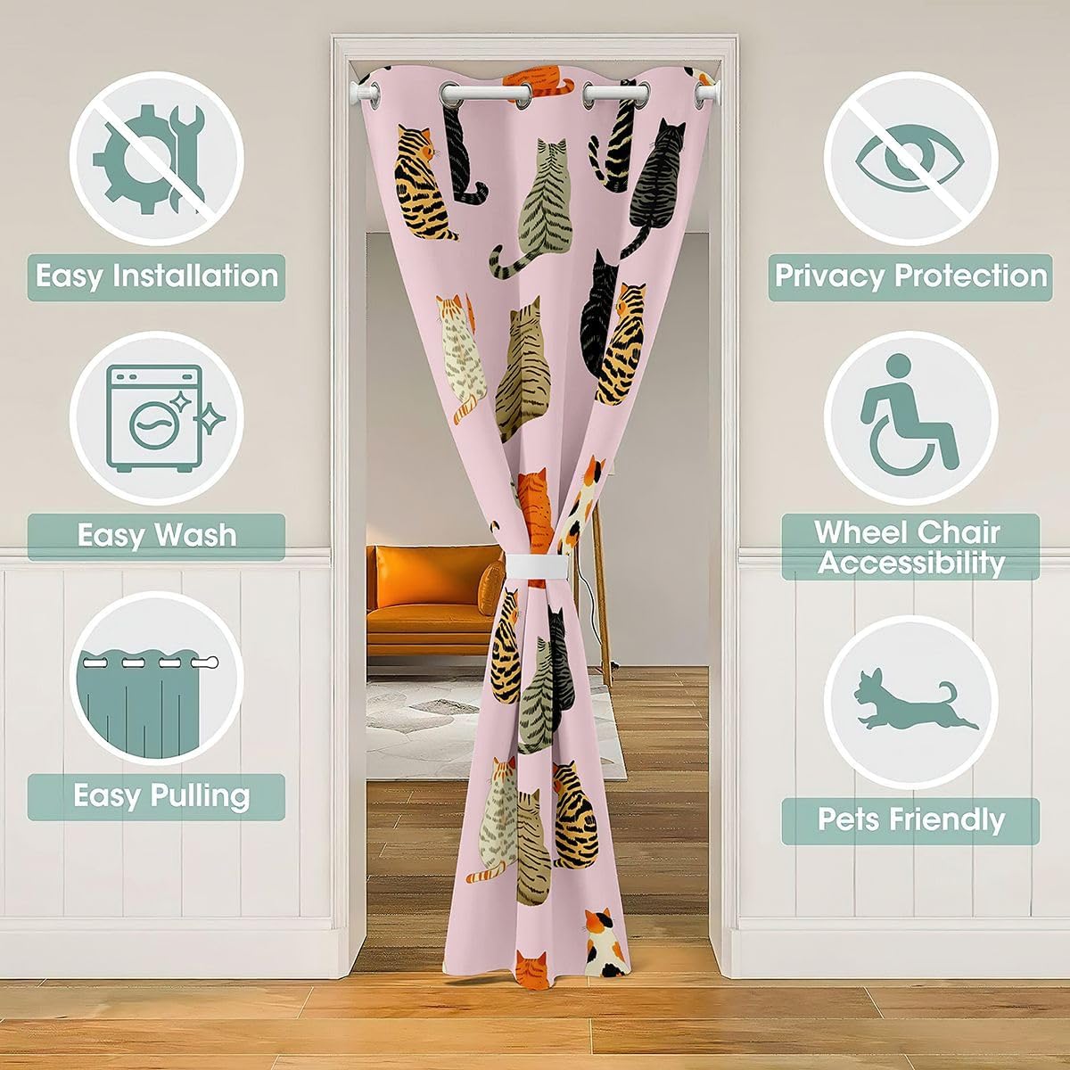 Manfei Cartoon Cats Door Curtain for Doorway Privacy,Orange Black Cat Closet Door Cover Curtain for Bedroom,Various Kitten Room Darkening Curtains Cat Lover Pink,W34 X L80 image 3
