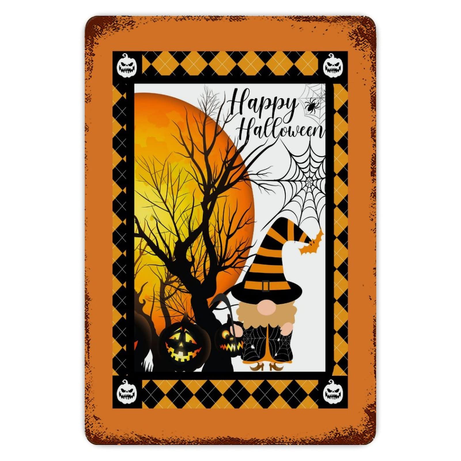 ENEDNATE Farmhouse Man Cave Metal Sign Happy Halloween Gnome Black Cat Bat Spider Ghost Pumpkin Retro Aluminum Tin Metal Signs for Indoor Outdoor Yard Office Kitchen Living Room Door Home Décor 8x12