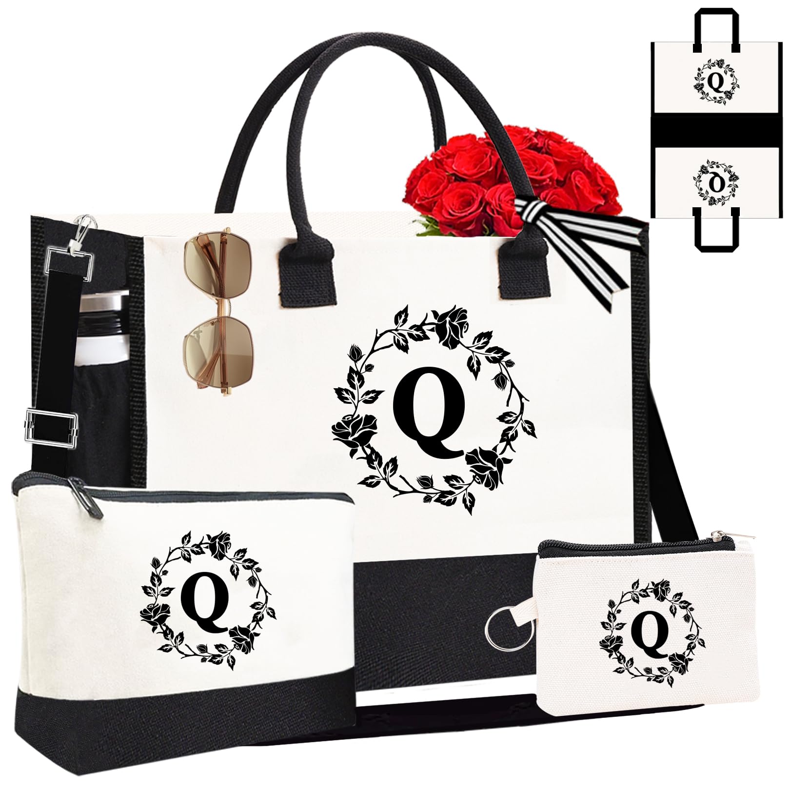 Adoryoung Monogram Initial Personalized Canvas Tote Bags for Women, High Density Embroidery Monogrammed Tote Bags Gifts for Women (Q-3pcs) — image 1