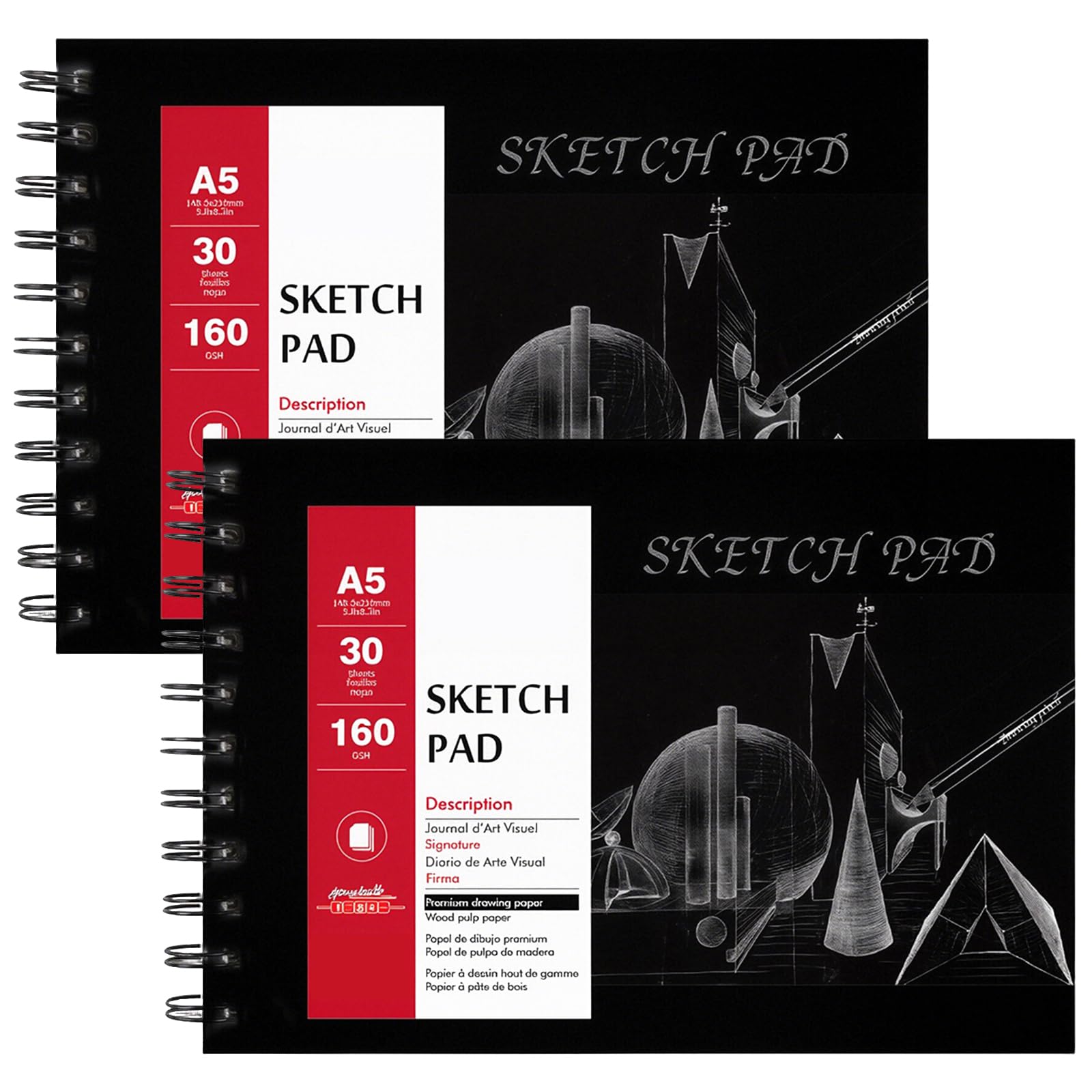 A5 Sketchbook, Spiral Bound Sketch Pad A5, 30 Sheets/60 Pages Art Book, 2-Pack Professional Sketchbook Set, Drawing Book with 160GSM Thick Paper, Ideal for Sketching, Pencil, Charcoal, Portrait (A5)