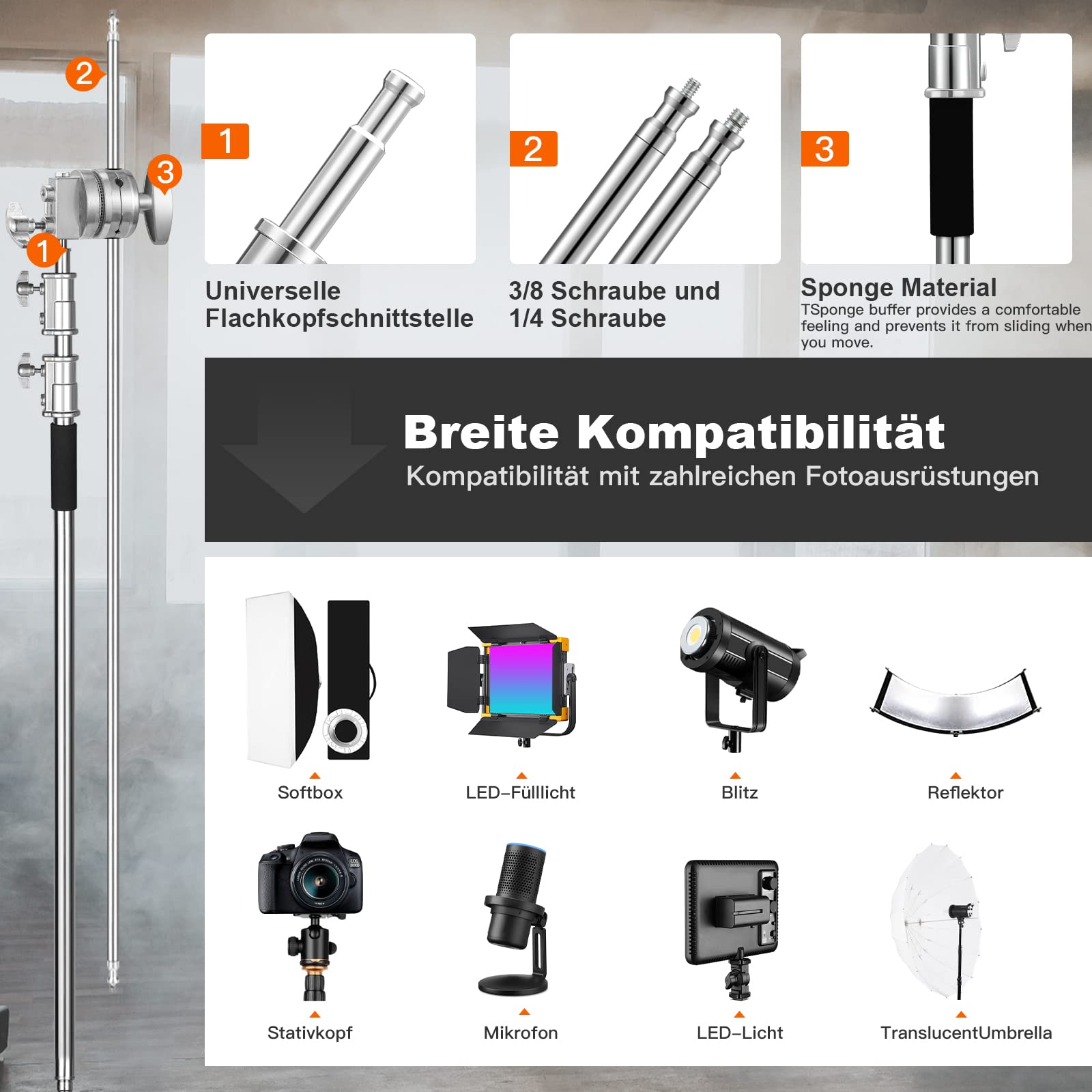 SOONPHO 2-Pack C Stand 100% Acciaio Inossidabile Heavy Duty Supporto a C Fotografia Light Stand C-Stand con 130cm braccio di supporto Kit,testa Grip,clip per Godox AD200 Pro SK400 Aputure(Argento)