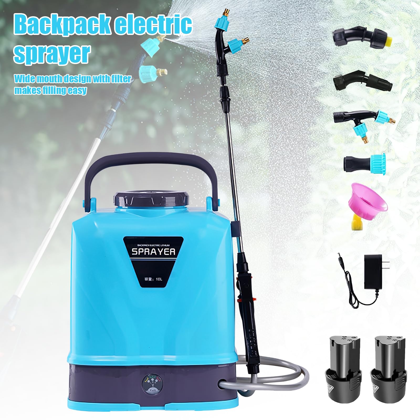 Pulverizador eléctrico portátil de 10 l, pulverizador eléctrico con lanza telescópica, autonomía de 300 min, arnés + 5 boquillas, 2000 mAh,pulverizador de espalda recargable, ideal para céspedes