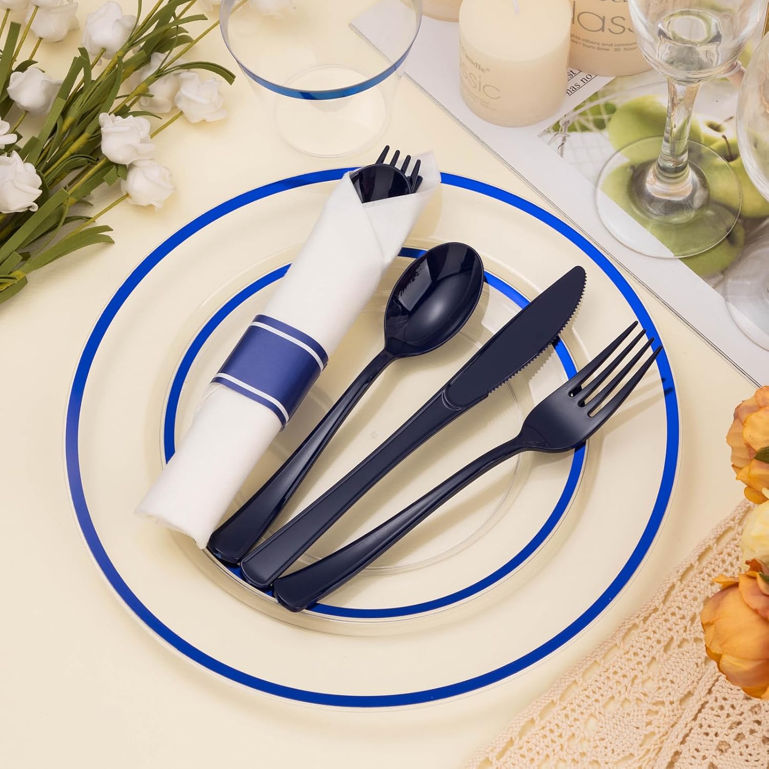 BESTSTAR 350PCS Clear and Blue Disposable Plates Set for 50 Guests, 100 Plastic Plates, 50 Cups, 50 Pre-Rolled Napkins with Plastic Cutlery for Party, Birthday, Thanksgiving, Christmas, Halloween - Image 6