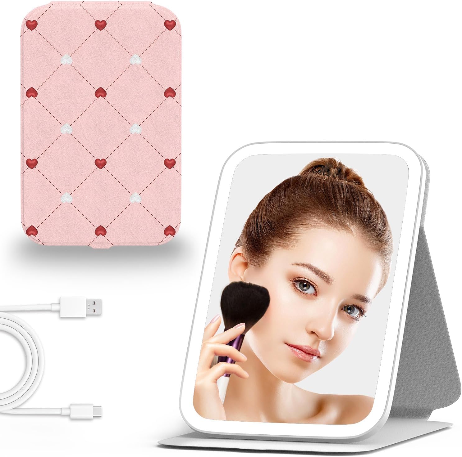 Mocado Travel Makeup Mirro with Lights, 360° Rotation Lighted Makeup Mirror, Portable Mirror with 10x Magnification, 60LEDs 3 Color Lightings, Dimmable Touch Screen, Tabletop Light up Mirror(Heart)