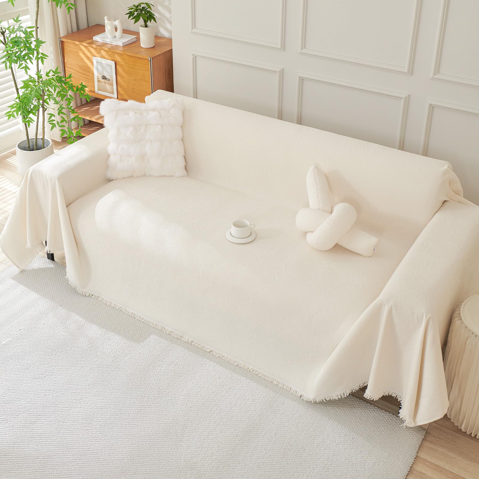 Royhom Couch Cover for Dogs Washable Chenille Sofa Cover Sectional Couch Covers for 4 Cushion Couch Sofa Slipcover L Shaped Furniture Protector with Tassels, Soft Non Slip, Beige White 91 x 150 Inch
