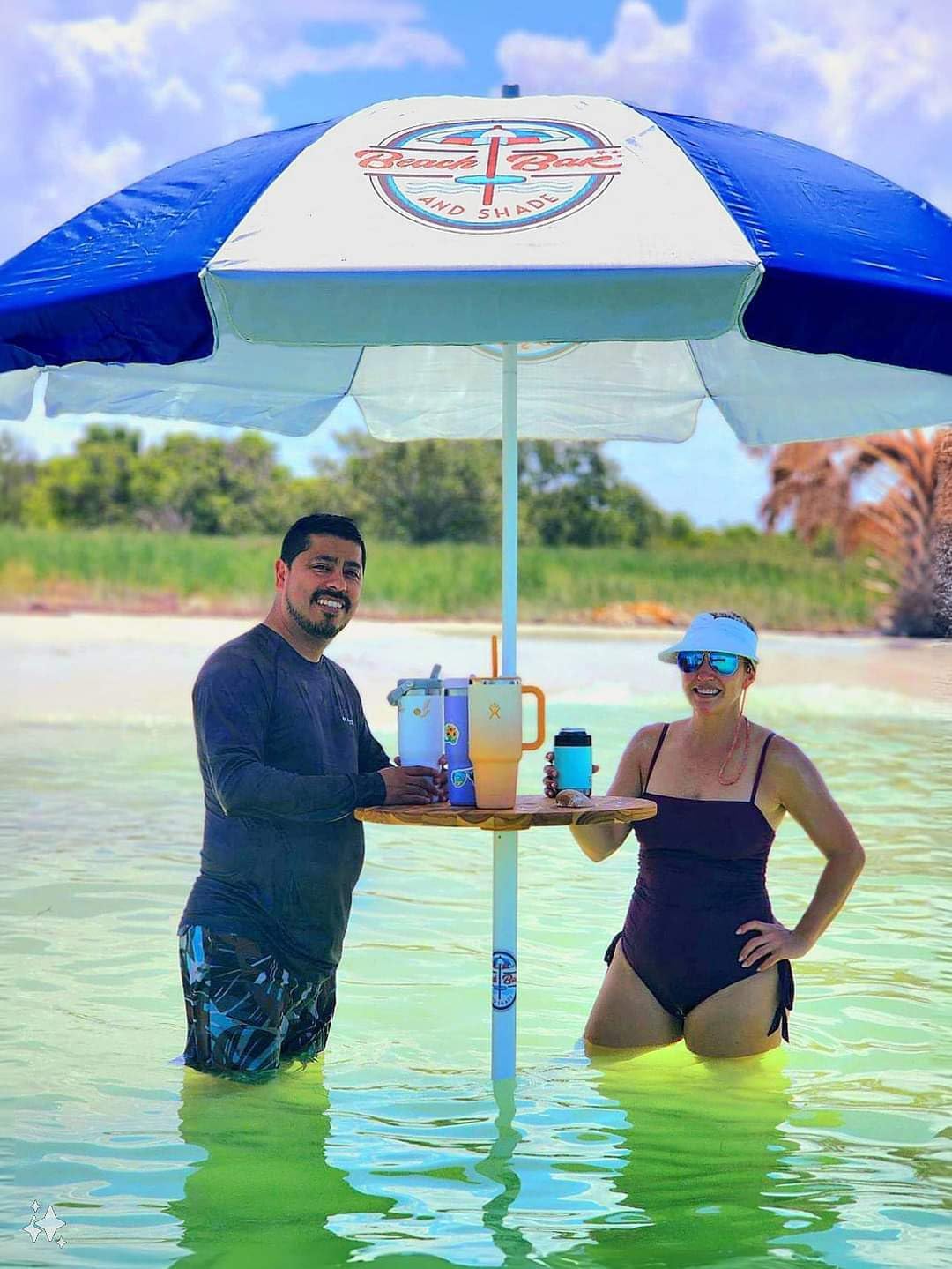 Beach Umbrella Table – Outdoor Sandbar Table with Umbrella Stand, Teak Wood (24 Inch)